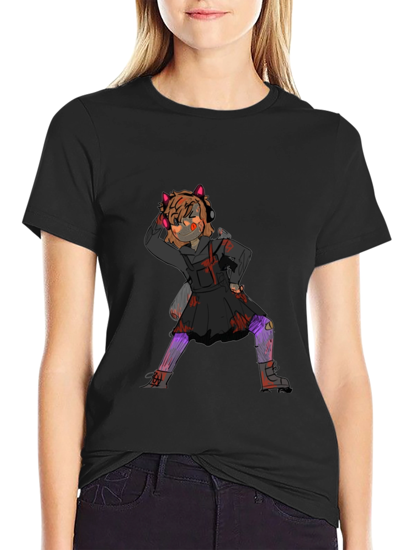 Graphic Tee: Anime Girl Print Black Cotton T-Shirt
