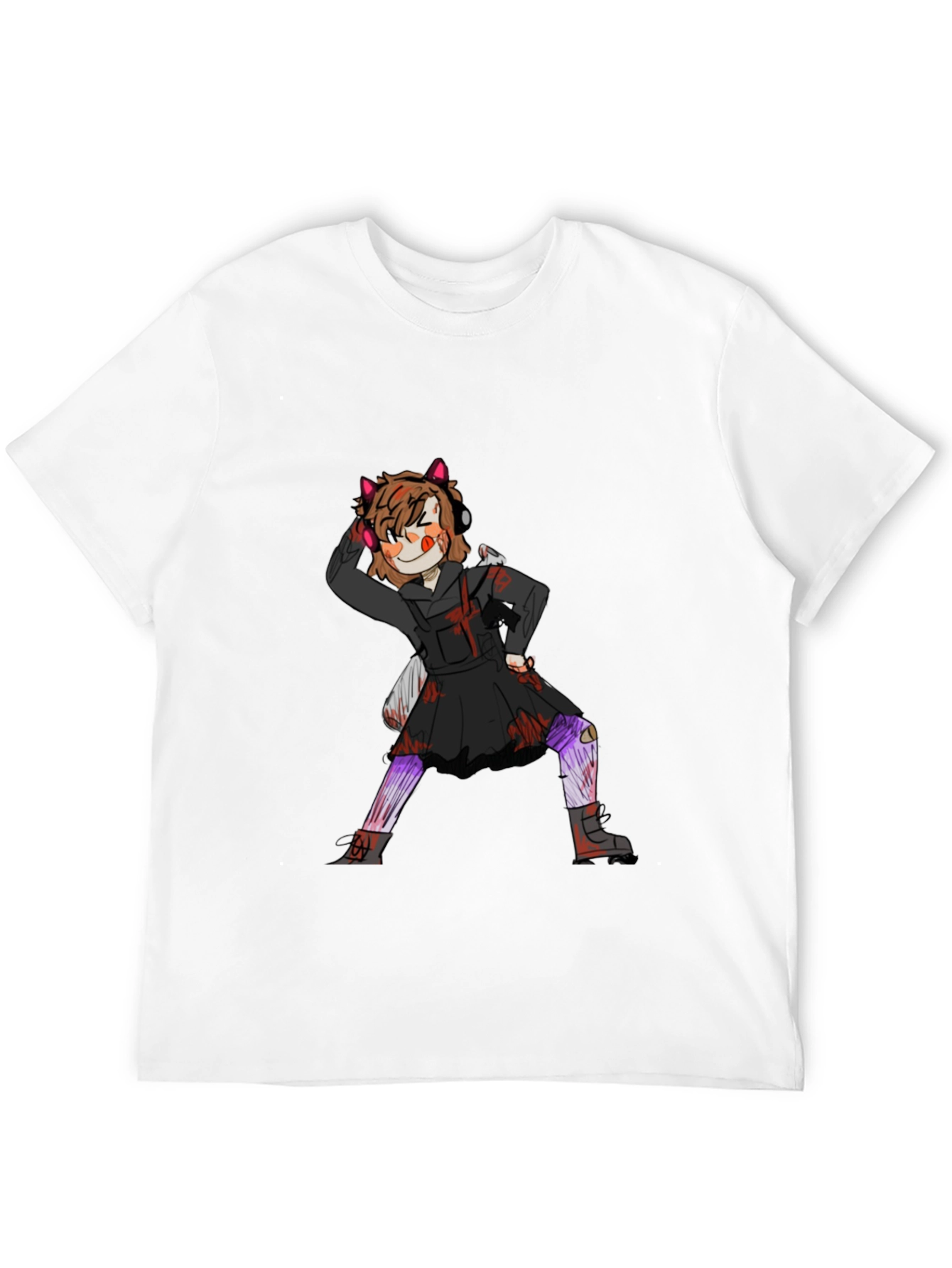 Graphic Tee: Anime Girl Print Black Cotton T-Shirt