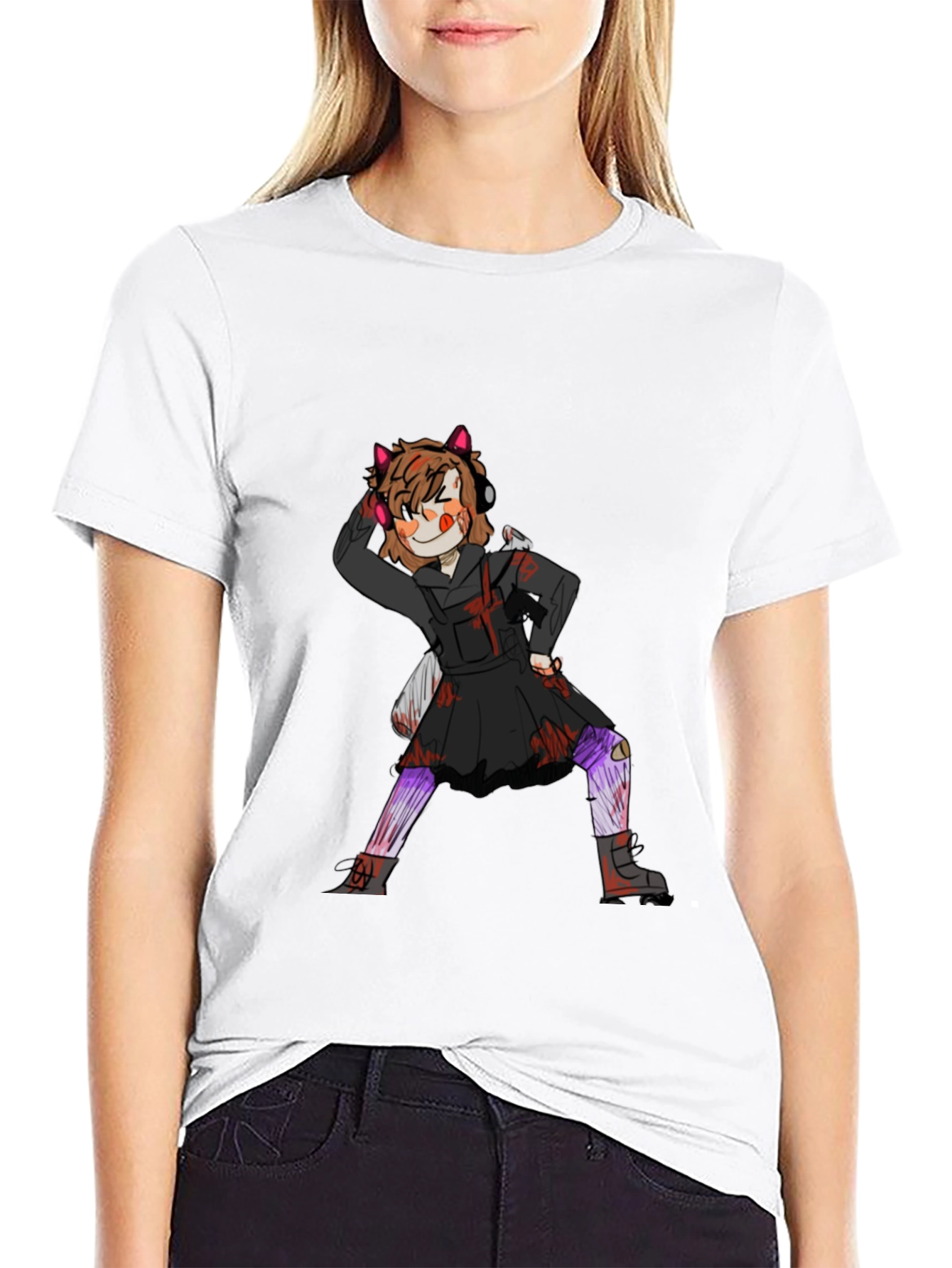 Graphic Tee: Anime Girl Print Black Cotton T-Shirt