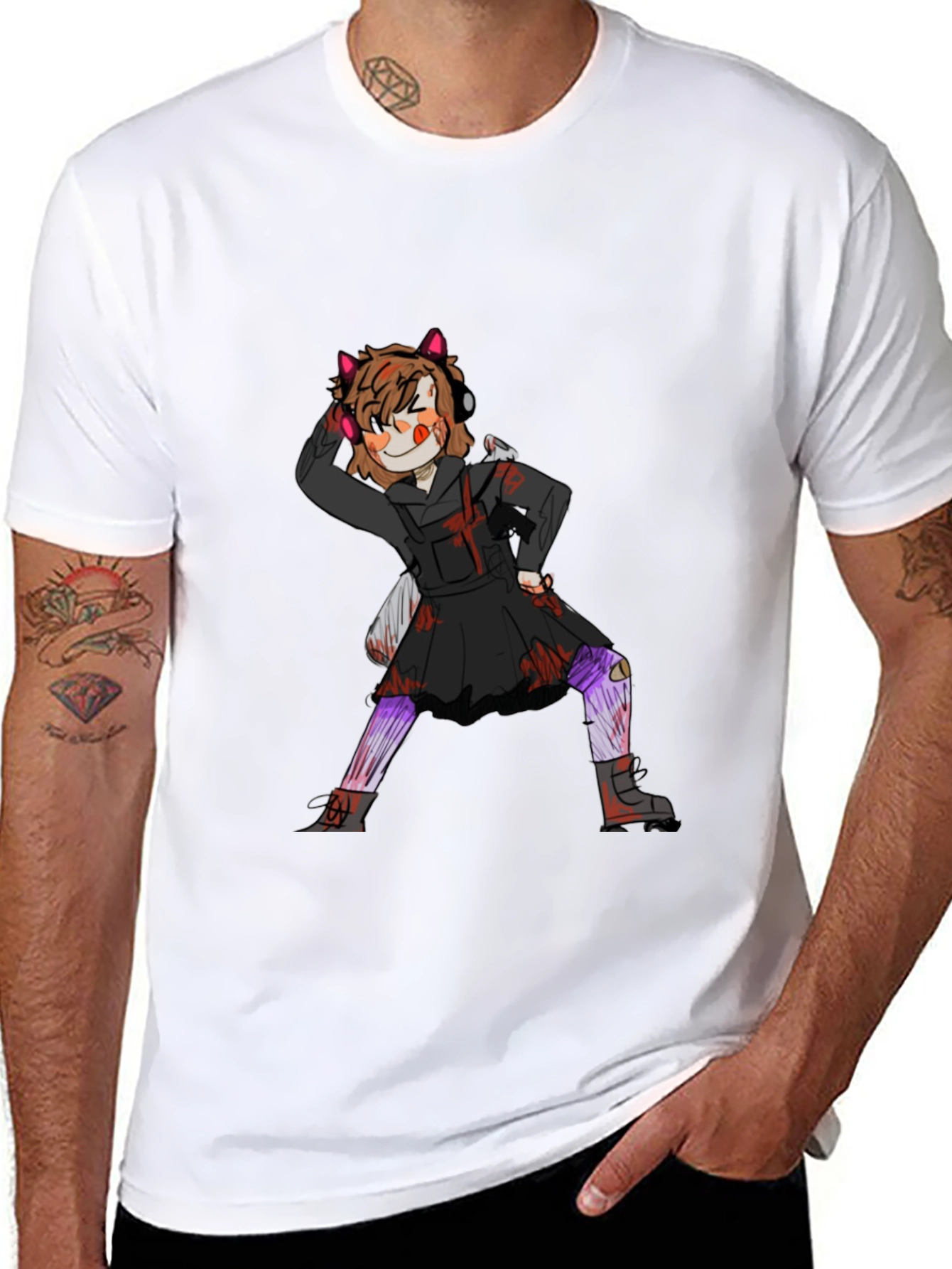 Graphic Tee: Anime Girl Print Black Cotton T-Shirt