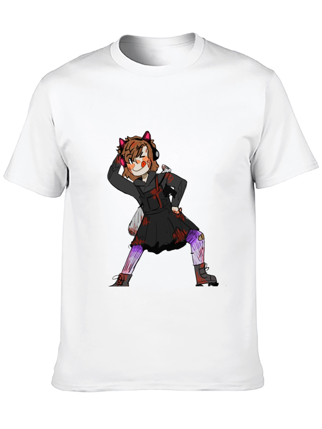Graphic Tee: Anime Girl Print Black Cotton T-Shirt