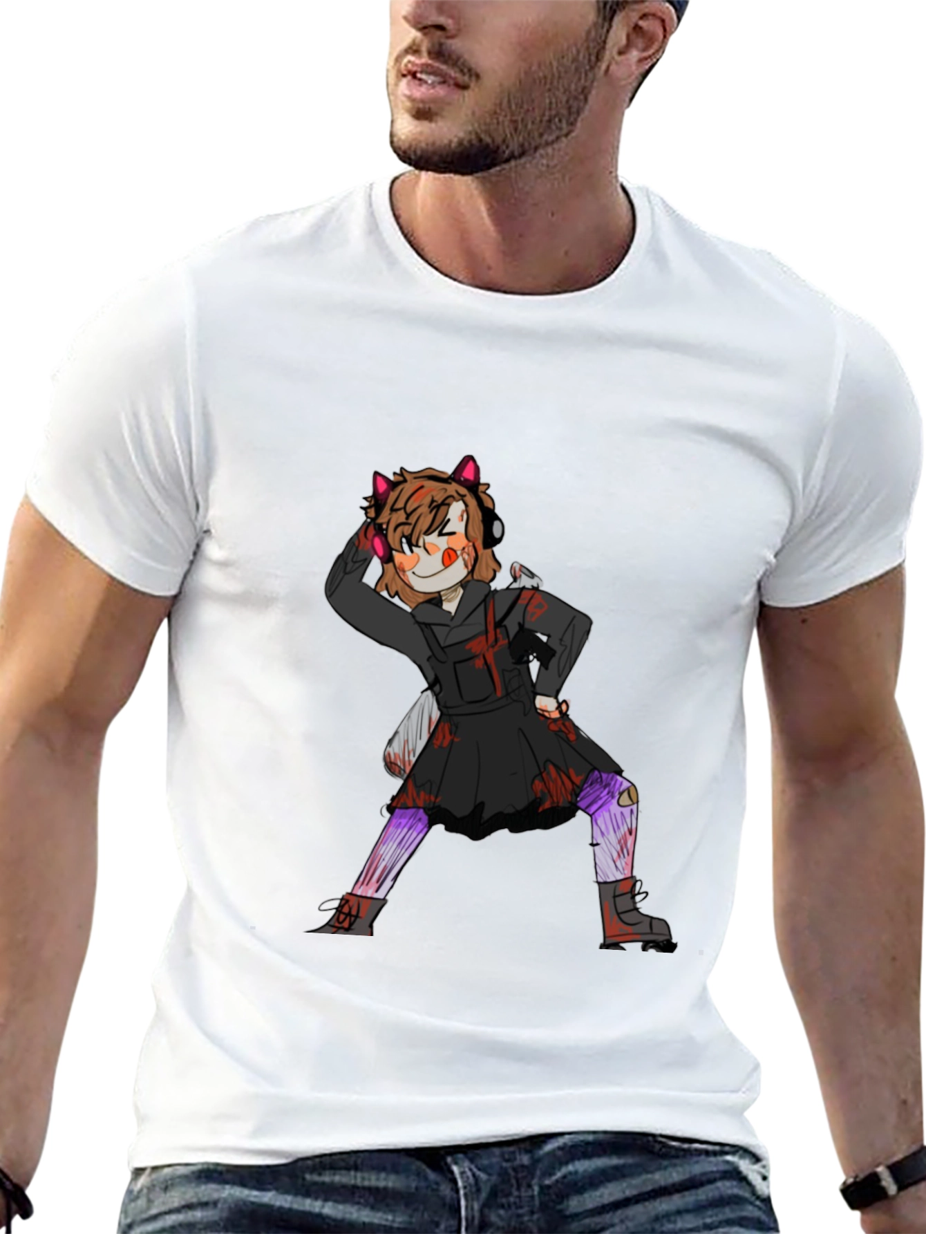 Graphic Tee: Anime Girl Print Black Cotton T-Shirt
