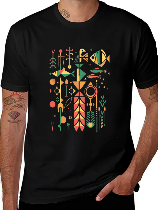 Abstract Geometric Graphic Print Tee - Black