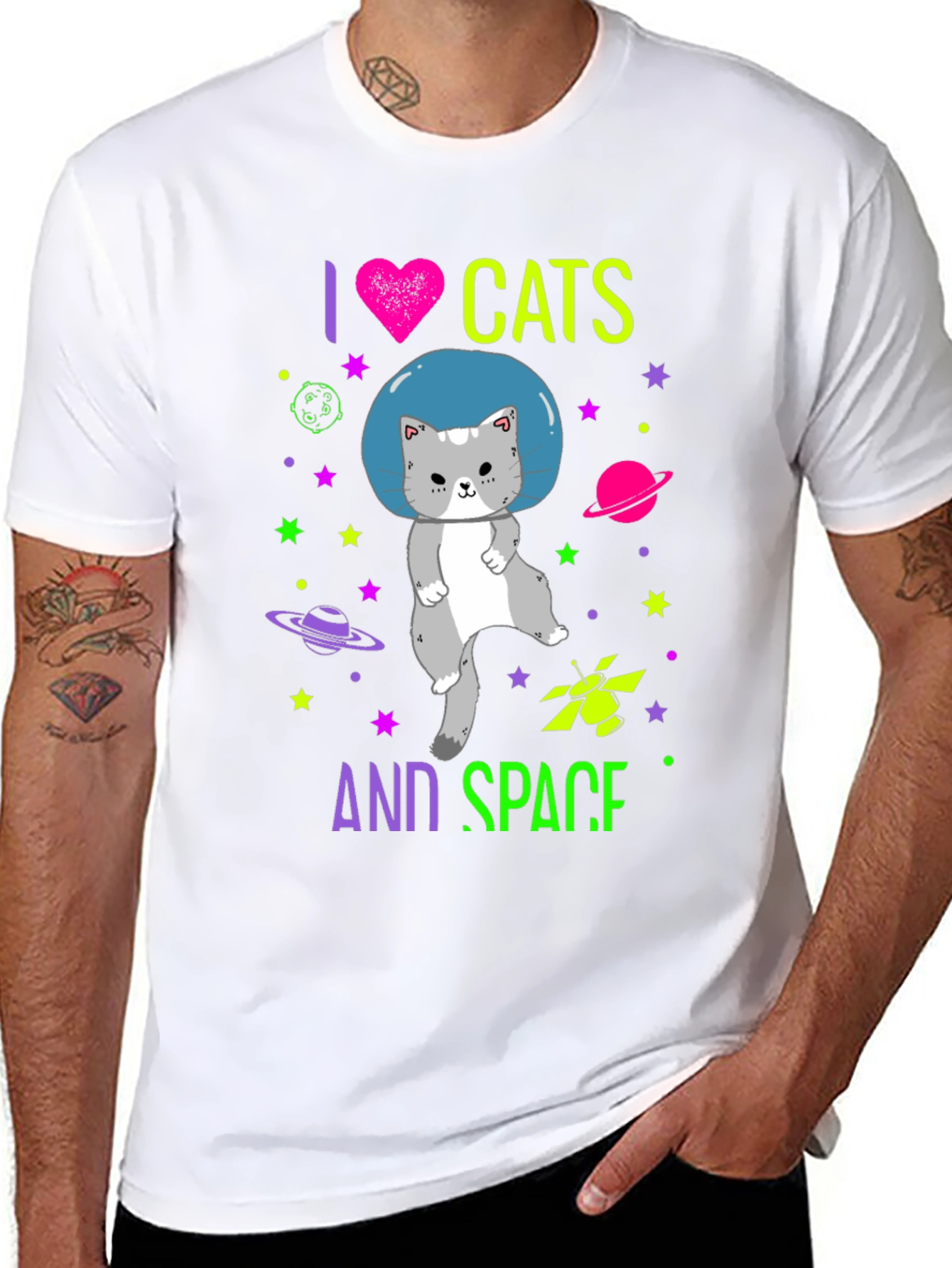 I Love Cats and Space Graphic T-Shirt