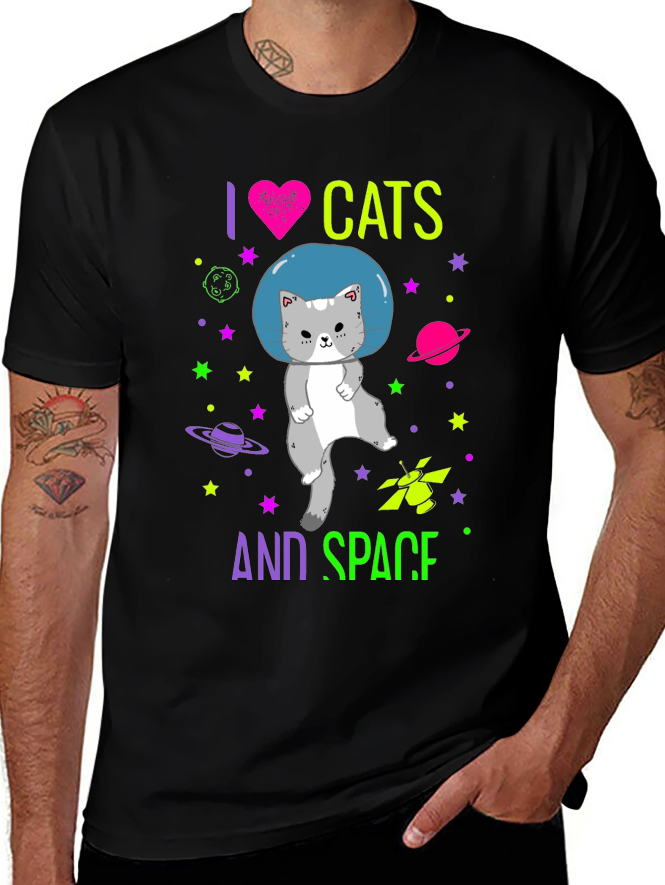 I Love Cats and Space Graphic T-Shirt