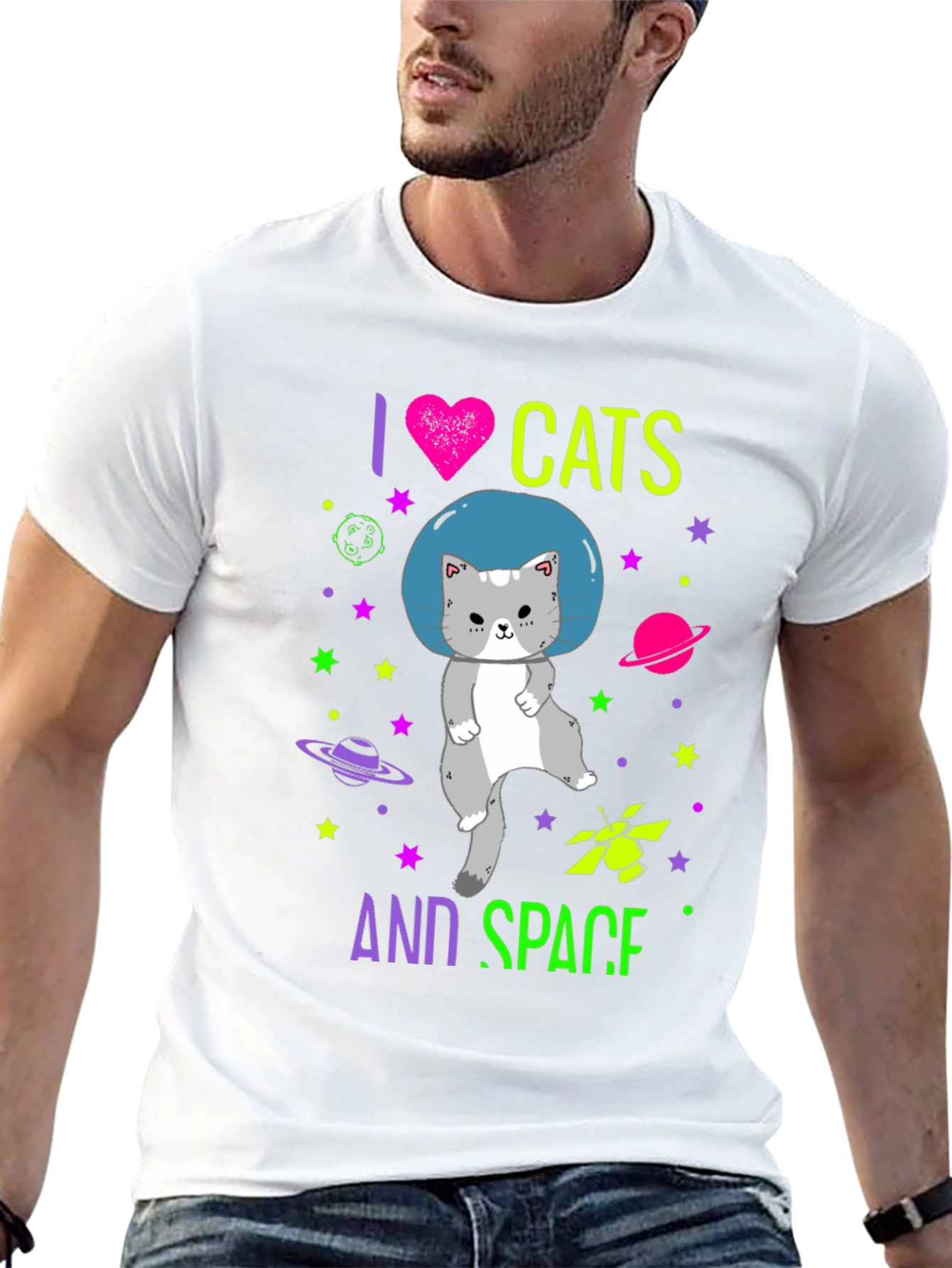 I Love Cats and Space Graphic T-Shirt