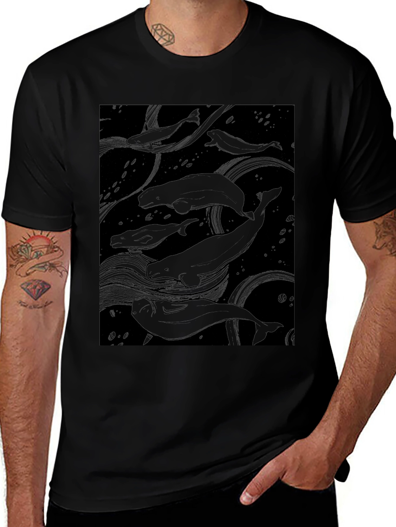 Beluga Whale Graphic Print Black T-Shirt