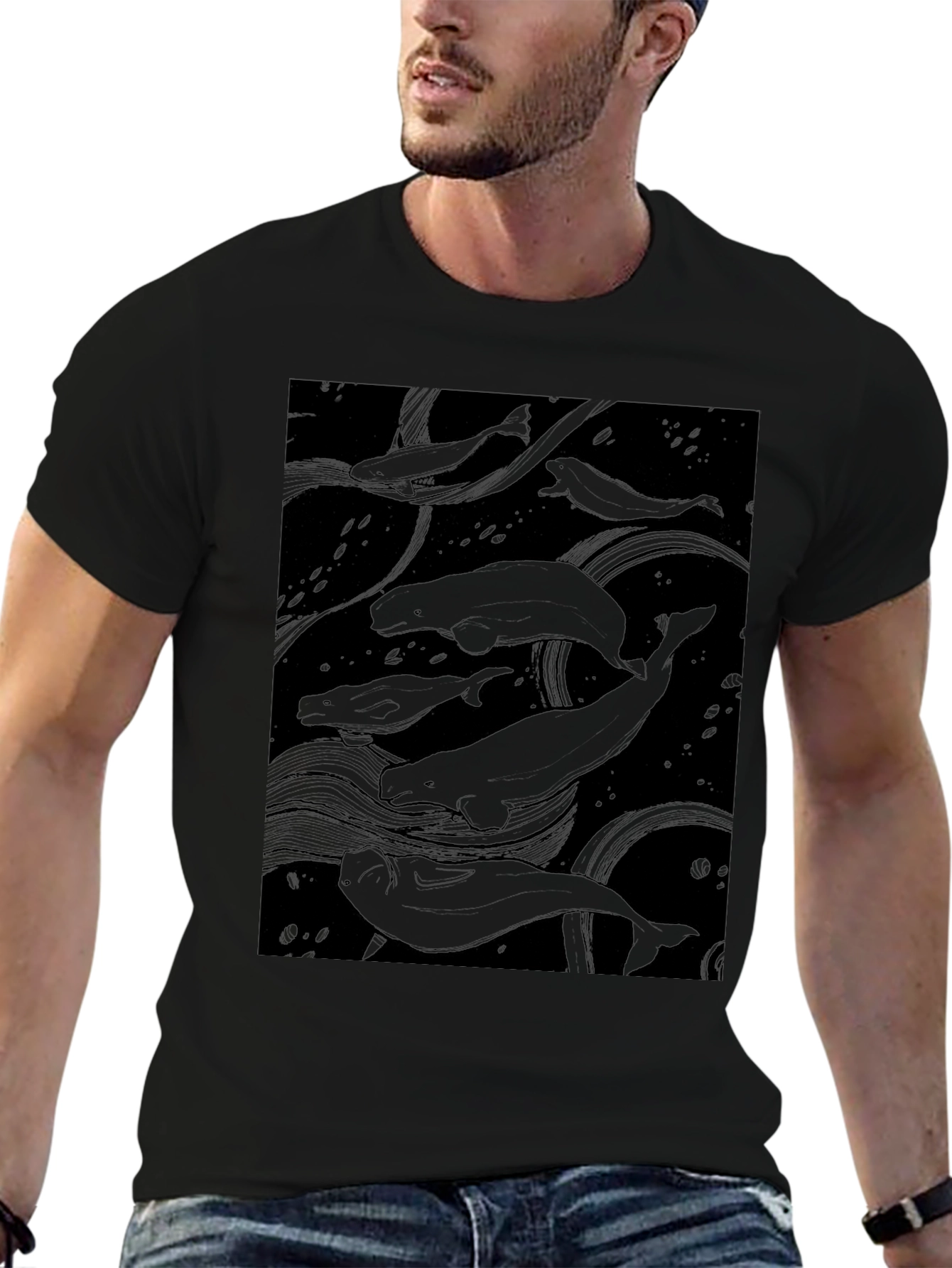 Beluga Whale Graphic Print Black T-Shirt