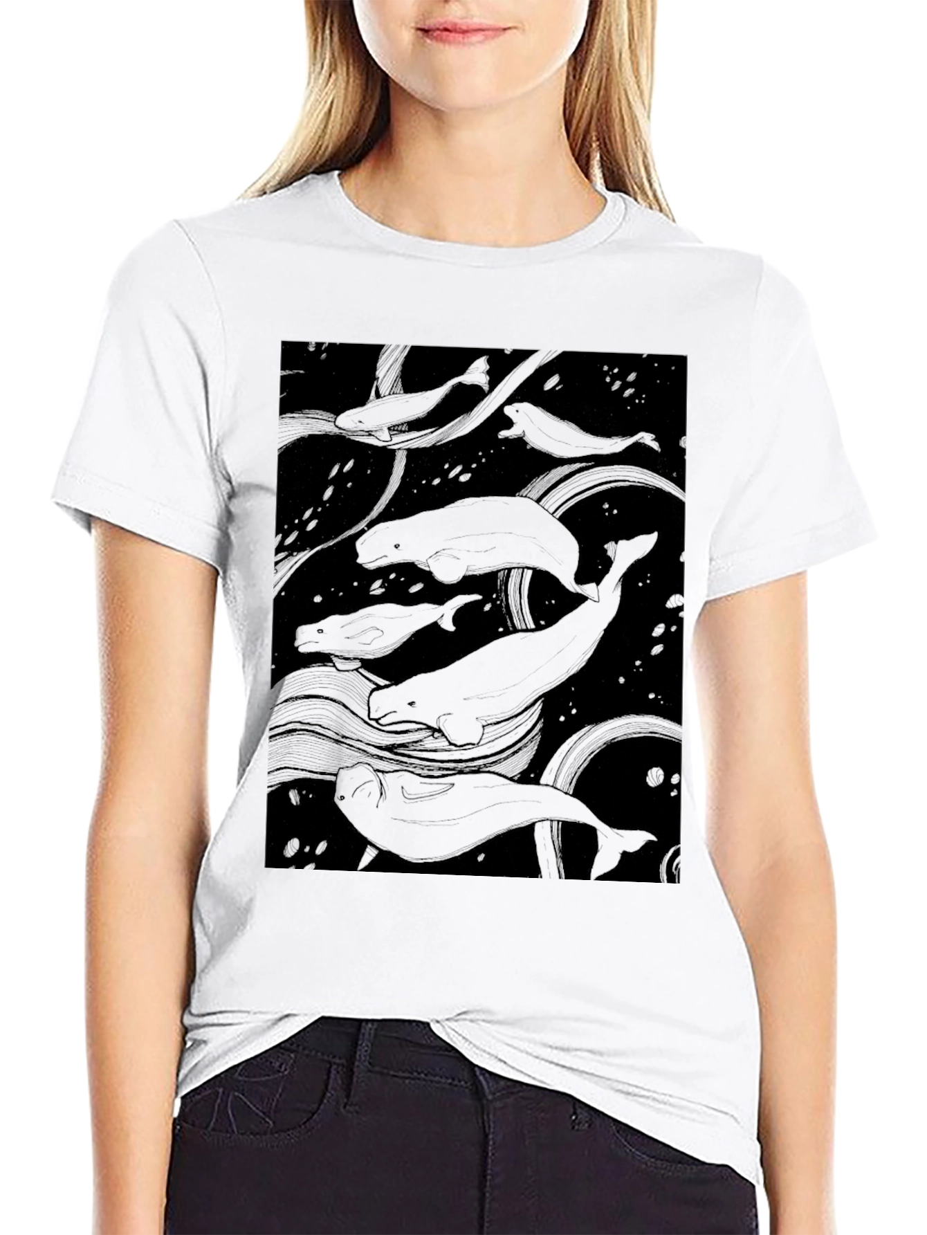 Beluga Whale Graphic Print Black T-Shirt