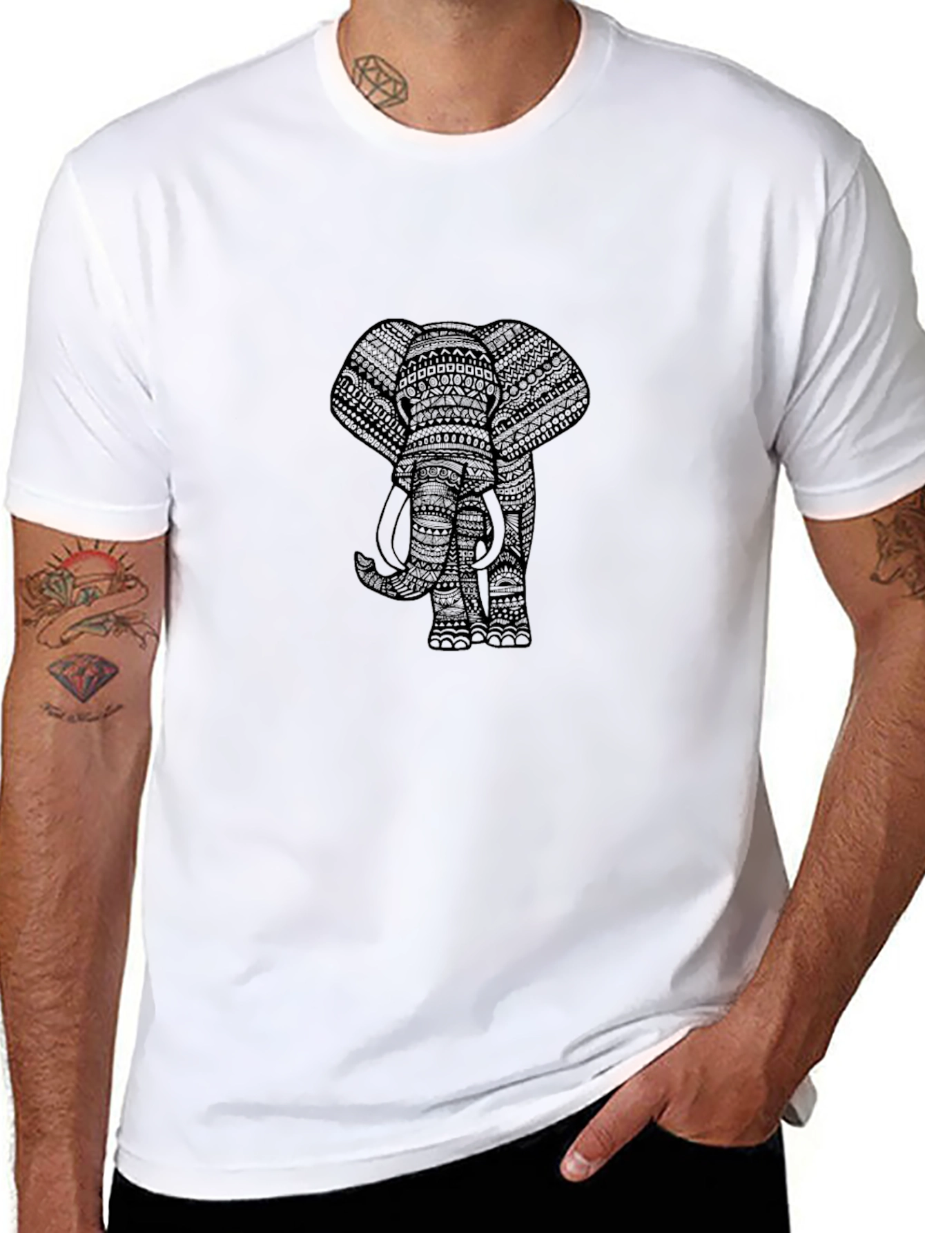Black Elephant Print Mens T-Shirt