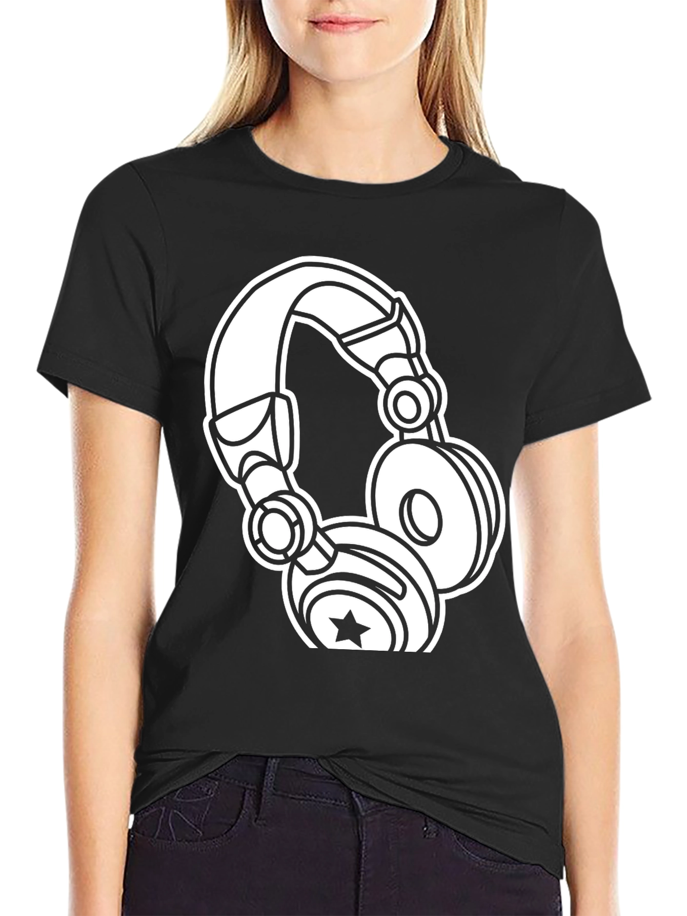 Graphic Tee: White Headphones on Black Cotton