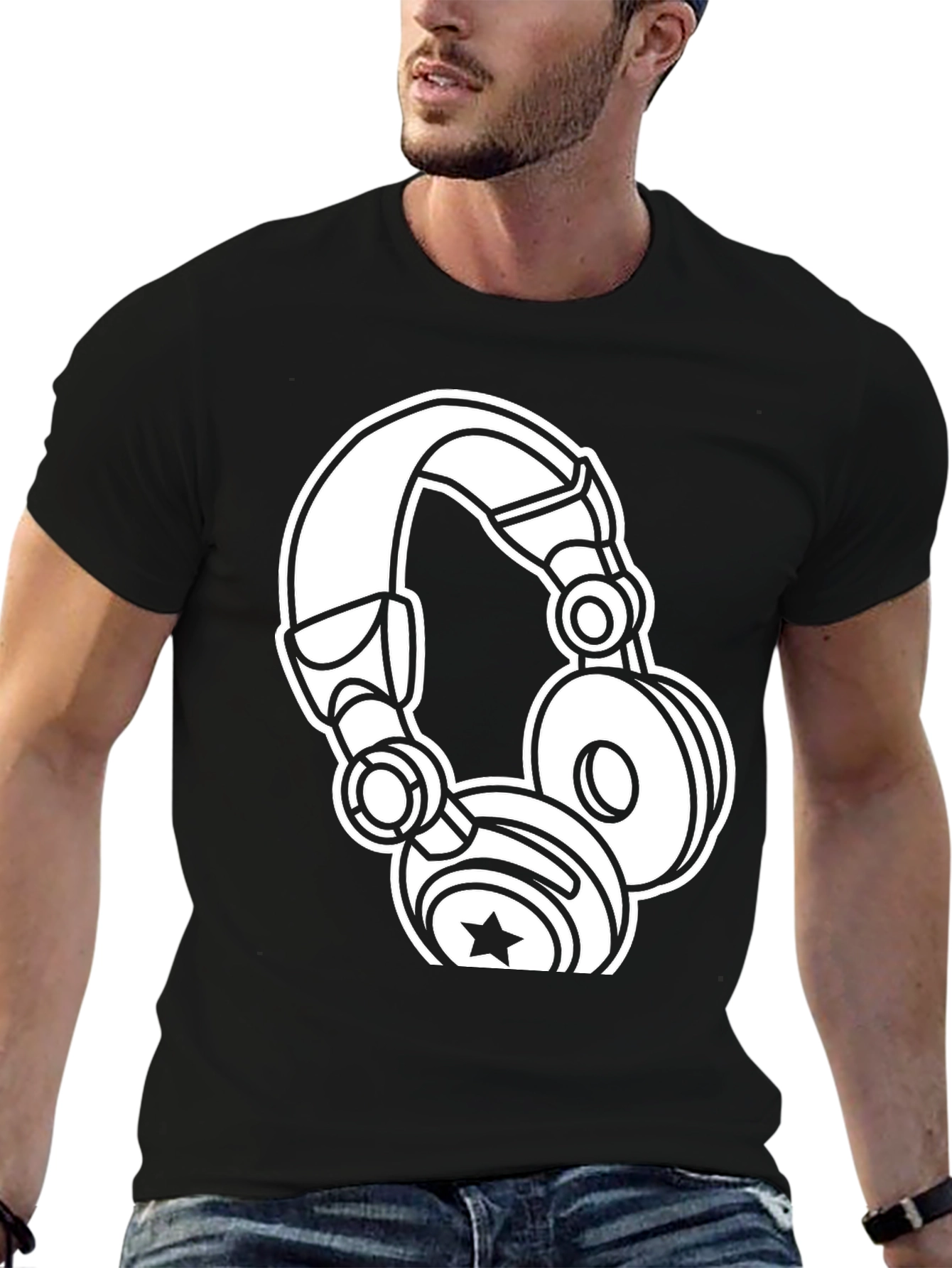 Graphic Tee: White Headphones on Black Cotton