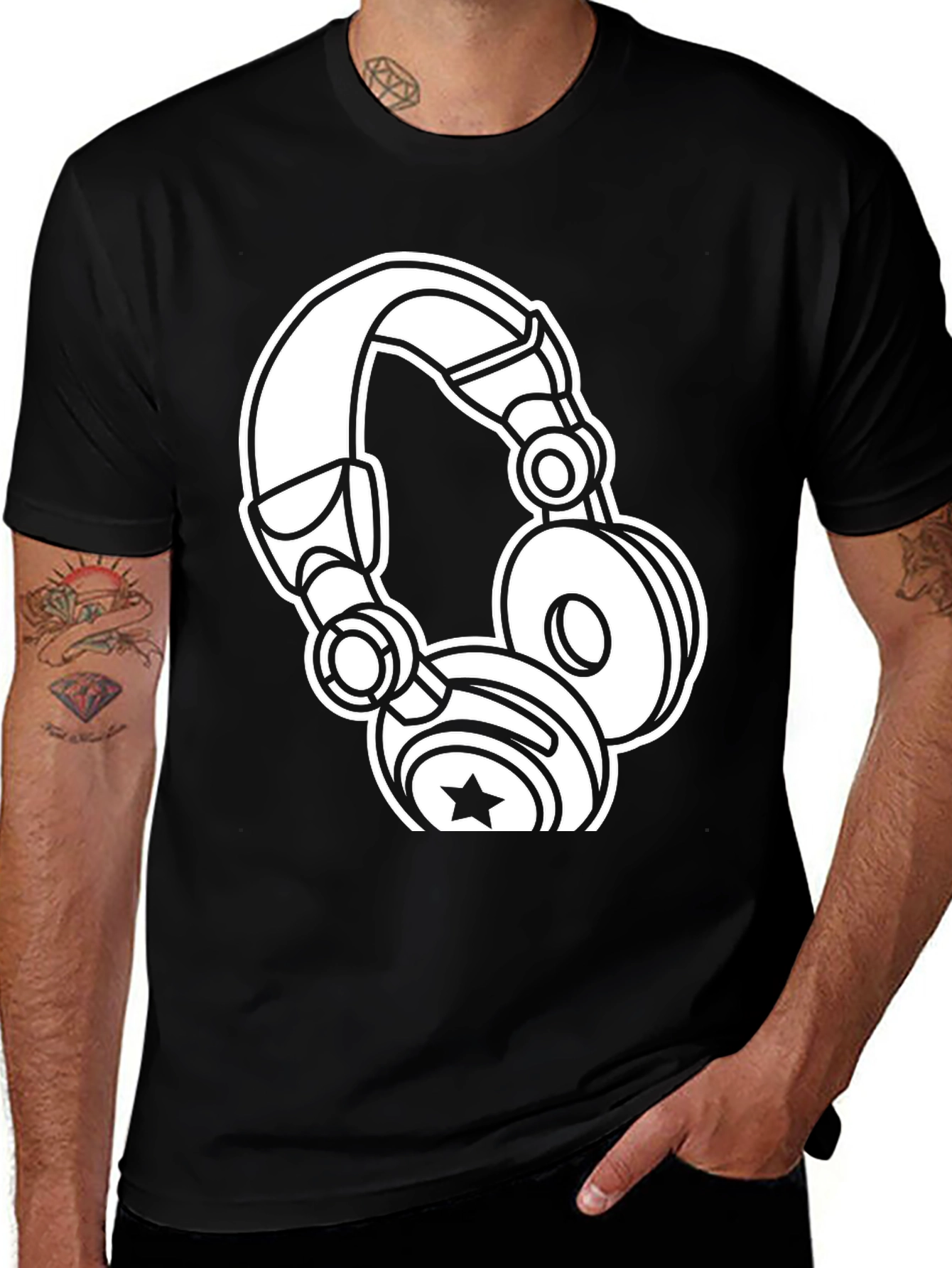 Graphic Tee: White Headphones on Black Cotton