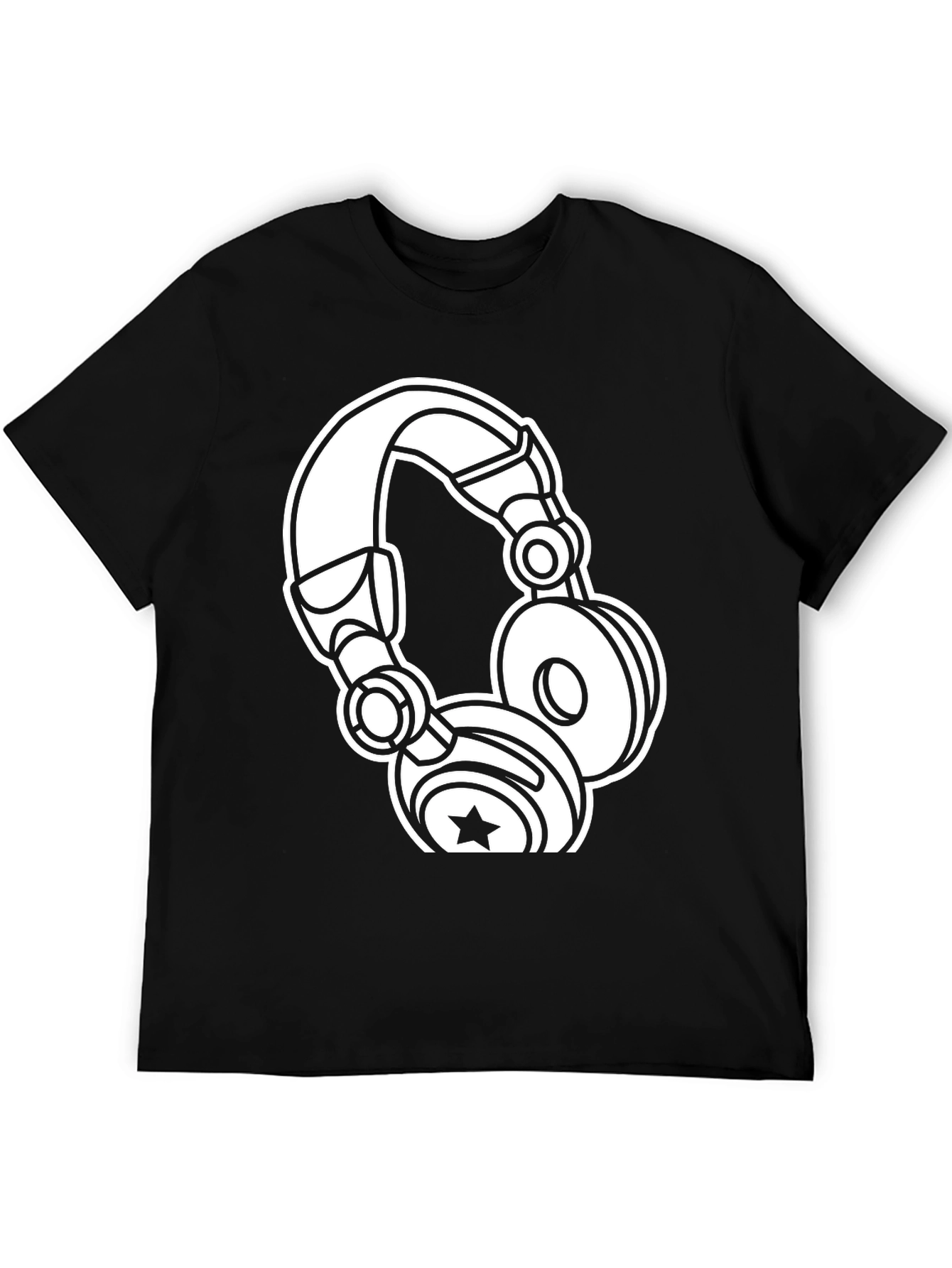 Graphic Tee: White Headphones on Black Cotton