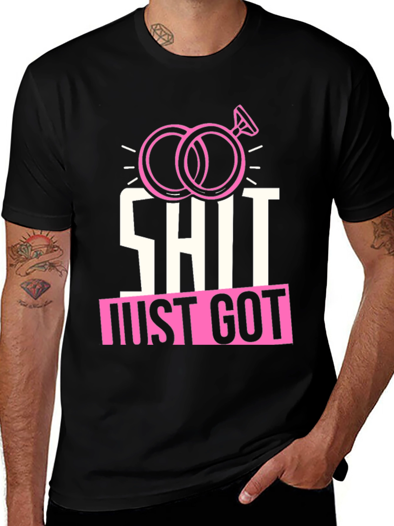Funny Wedding Rings T-Shirt: Shit Just Got Real!