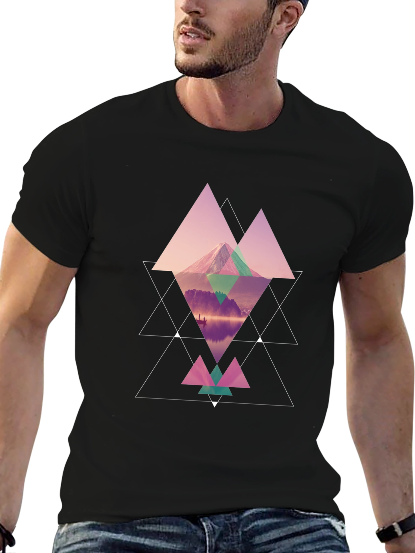 Geometric Mountain Graphic Black T-Shirt