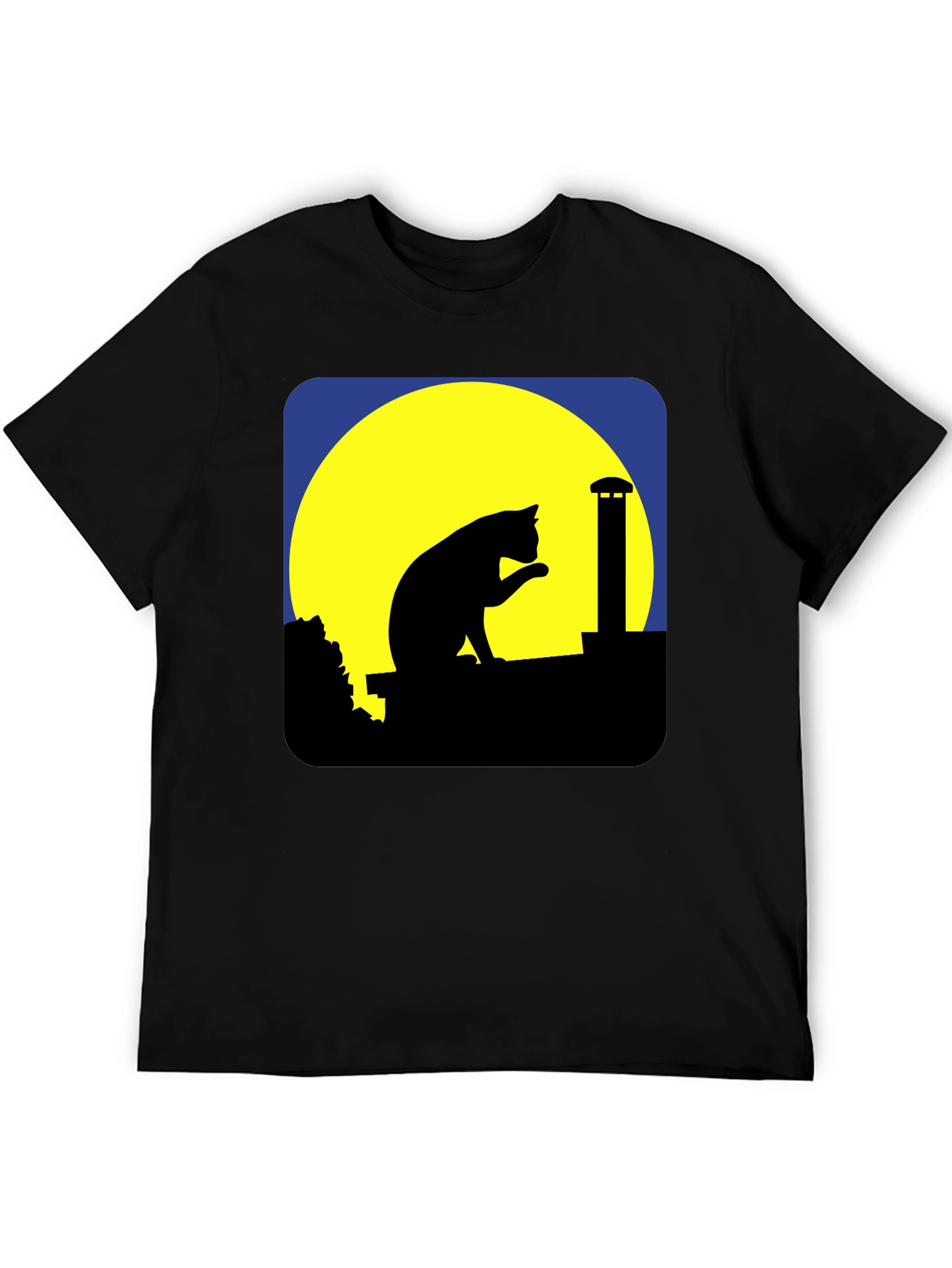Cat On Rooftop Silhouette Graphic Tee - Black