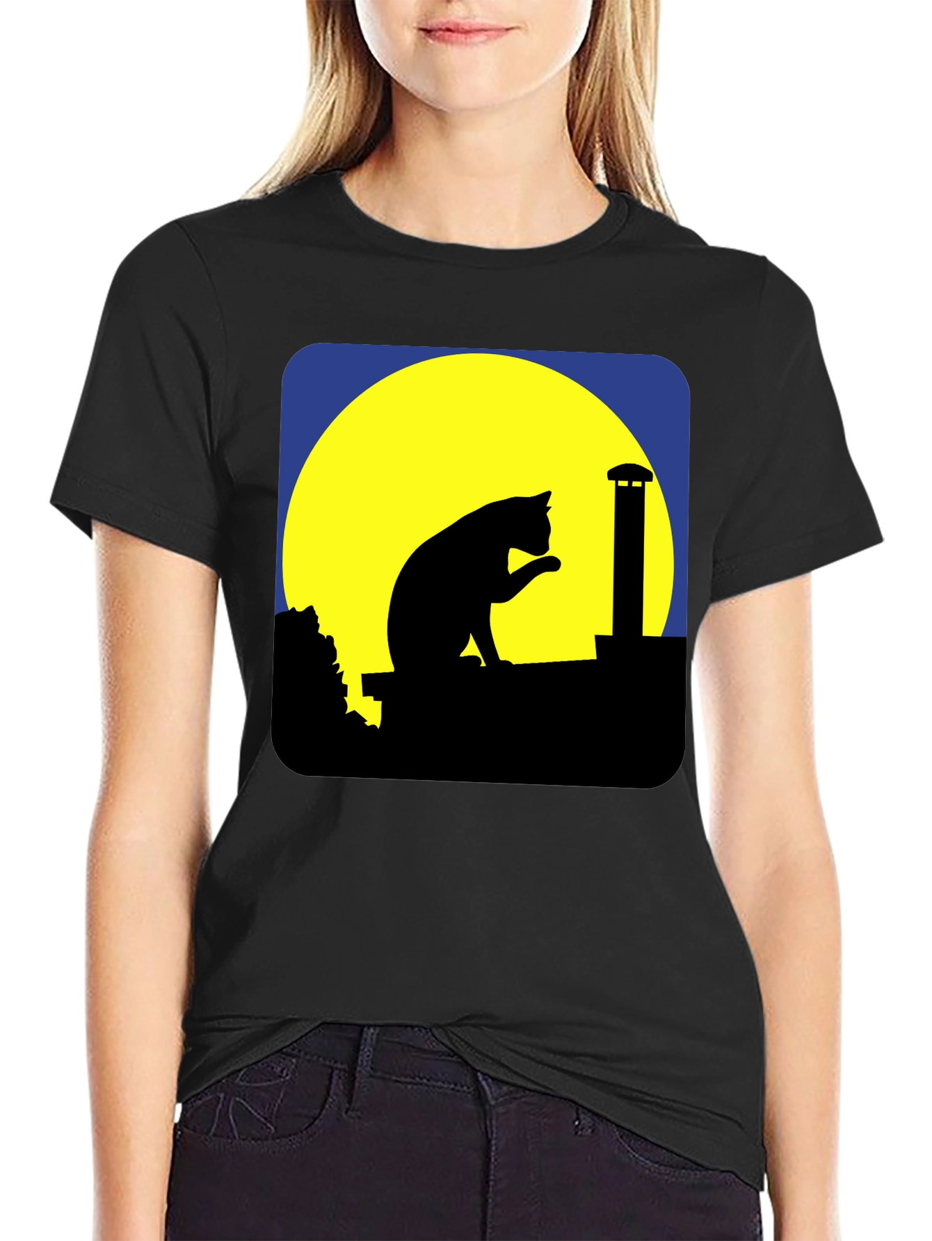 Cat On Rooftop Silhouette Graphic Tee - Black