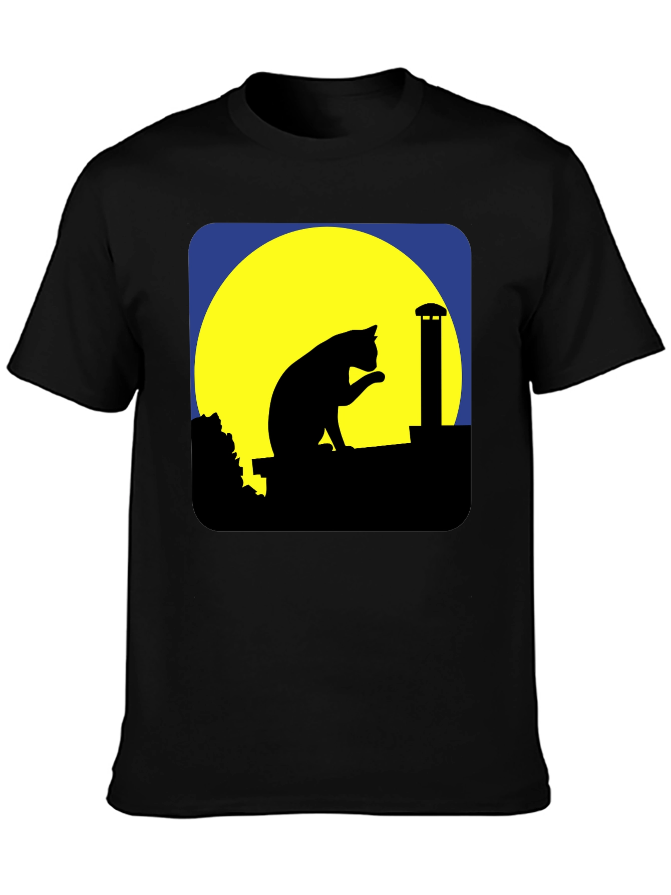 Cat On Rooftop Silhouette Graphic Tee - Black