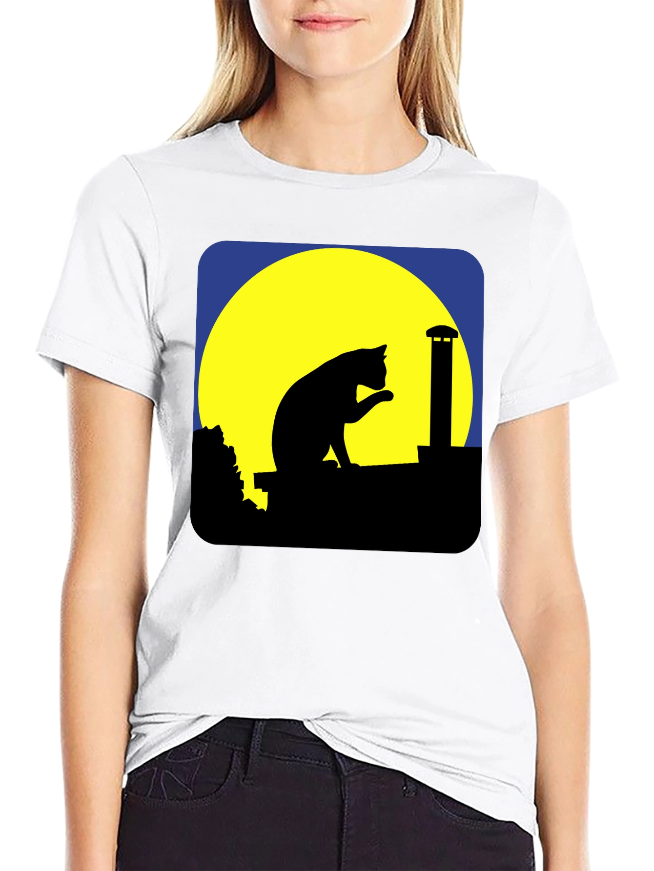 Cat On Rooftop Silhouette Graphic Tee - Black