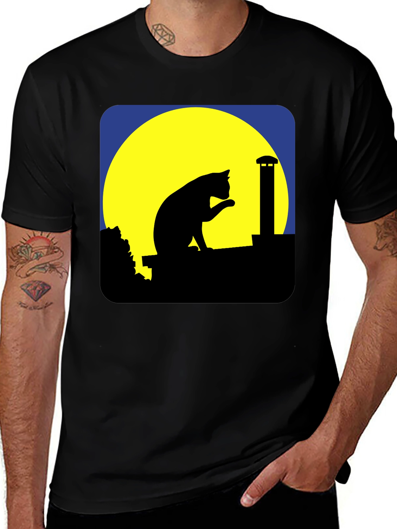Cat On Rooftop Silhouette Graphic Tee - Black