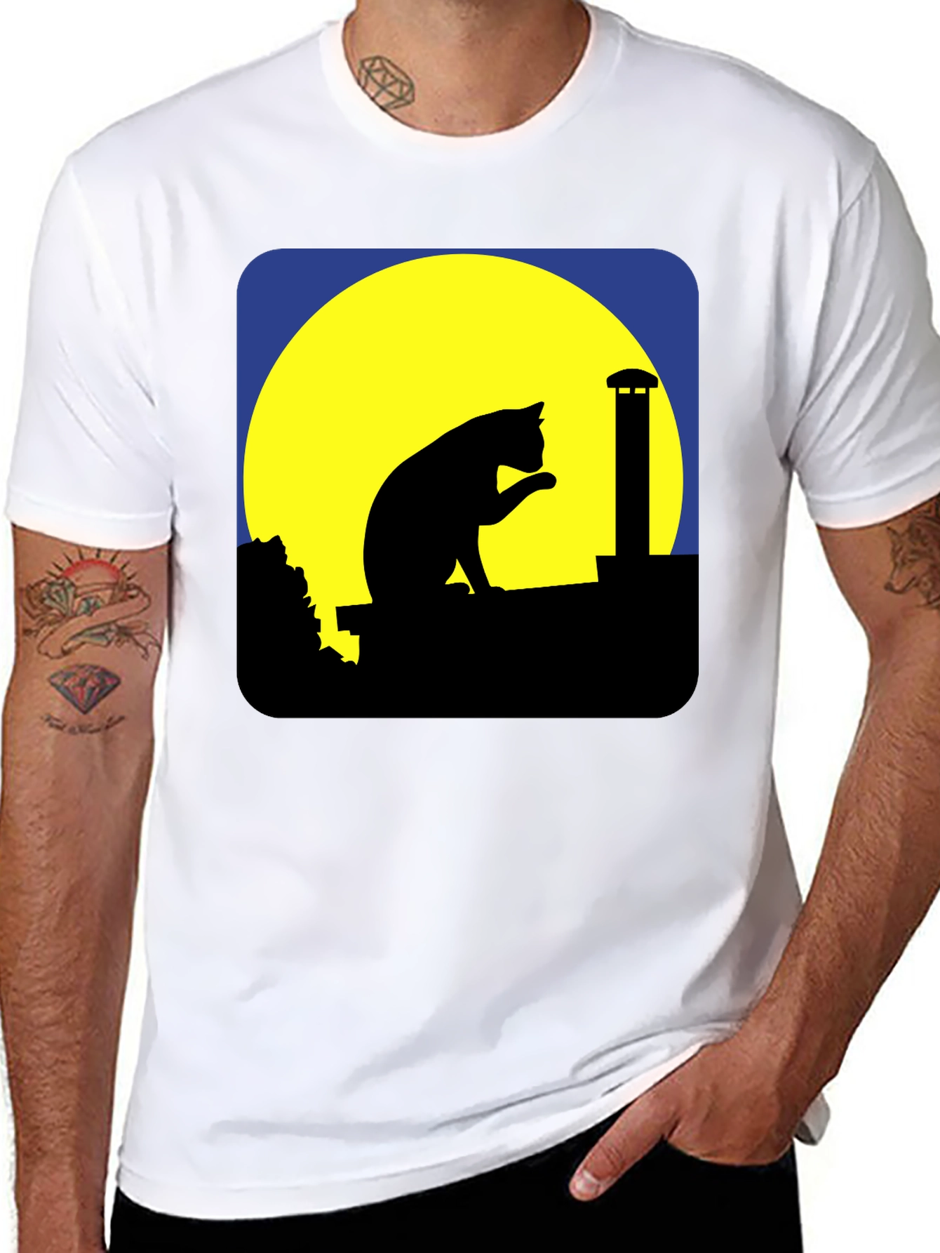 Cat On Rooftop Silhouette Graphic Tee - Black
