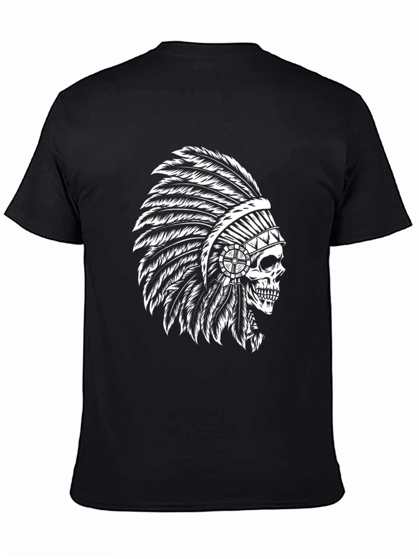 Black T-Shirt with Skull Chief Headdress Design