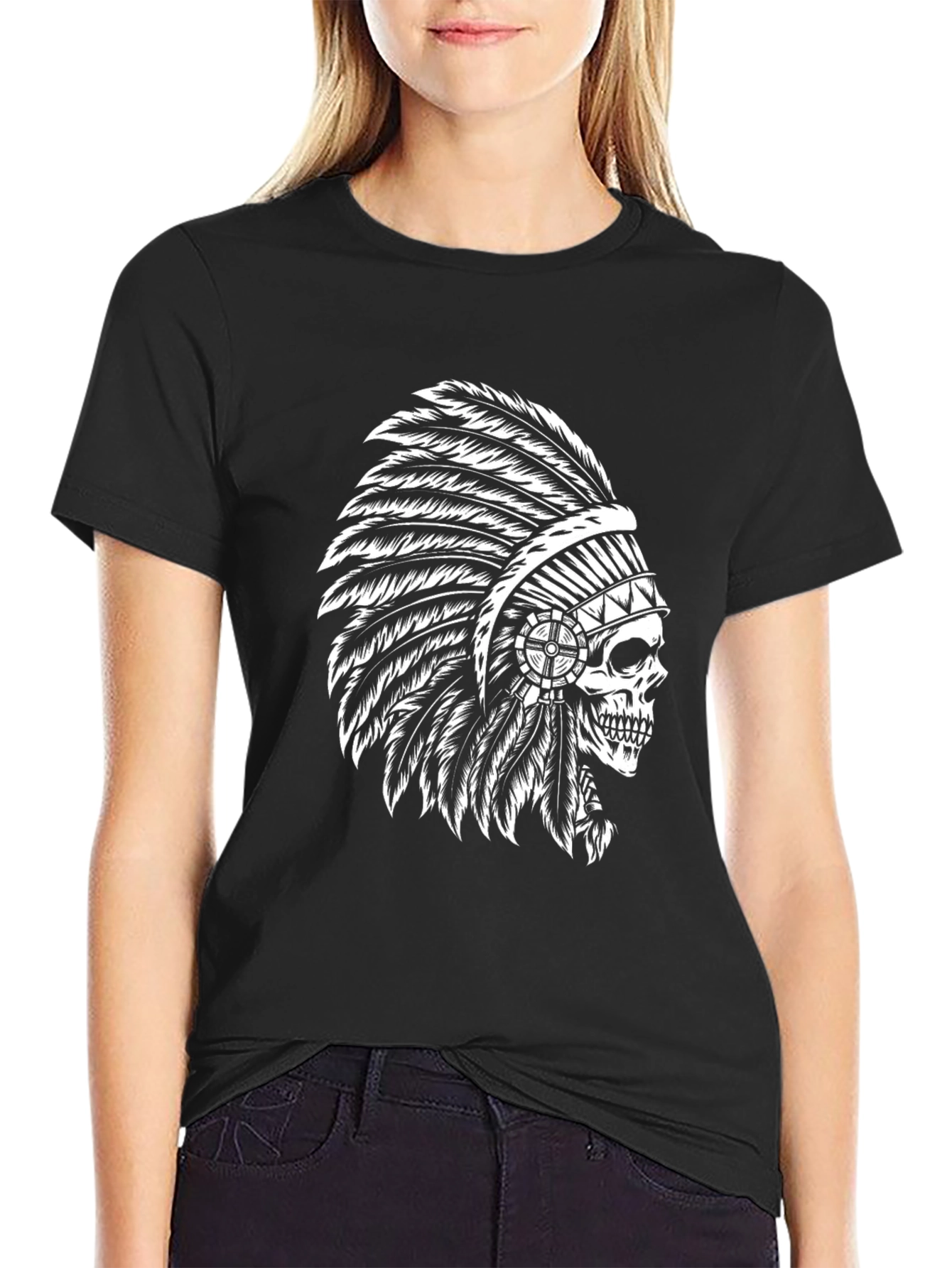 Black T-Shirt with Skull Chief Headdress Design