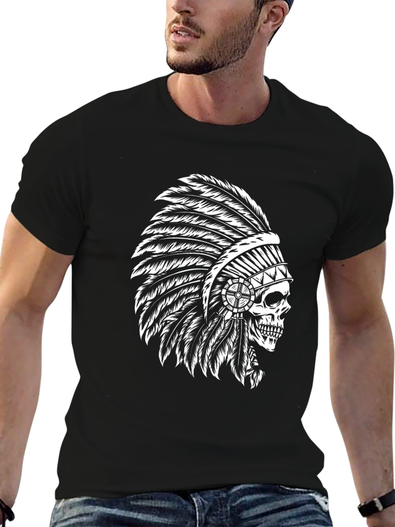 Black T-Shirt with Skull Chief Headdress Design