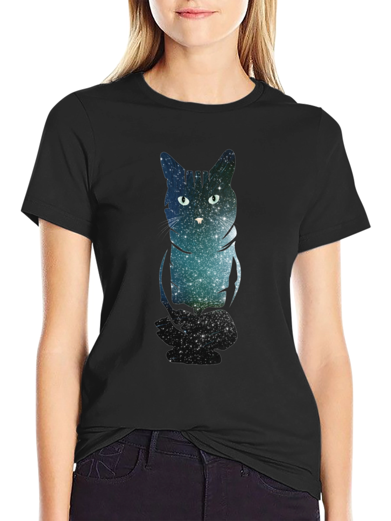 Galaxy Cat Print Black T-Shirt