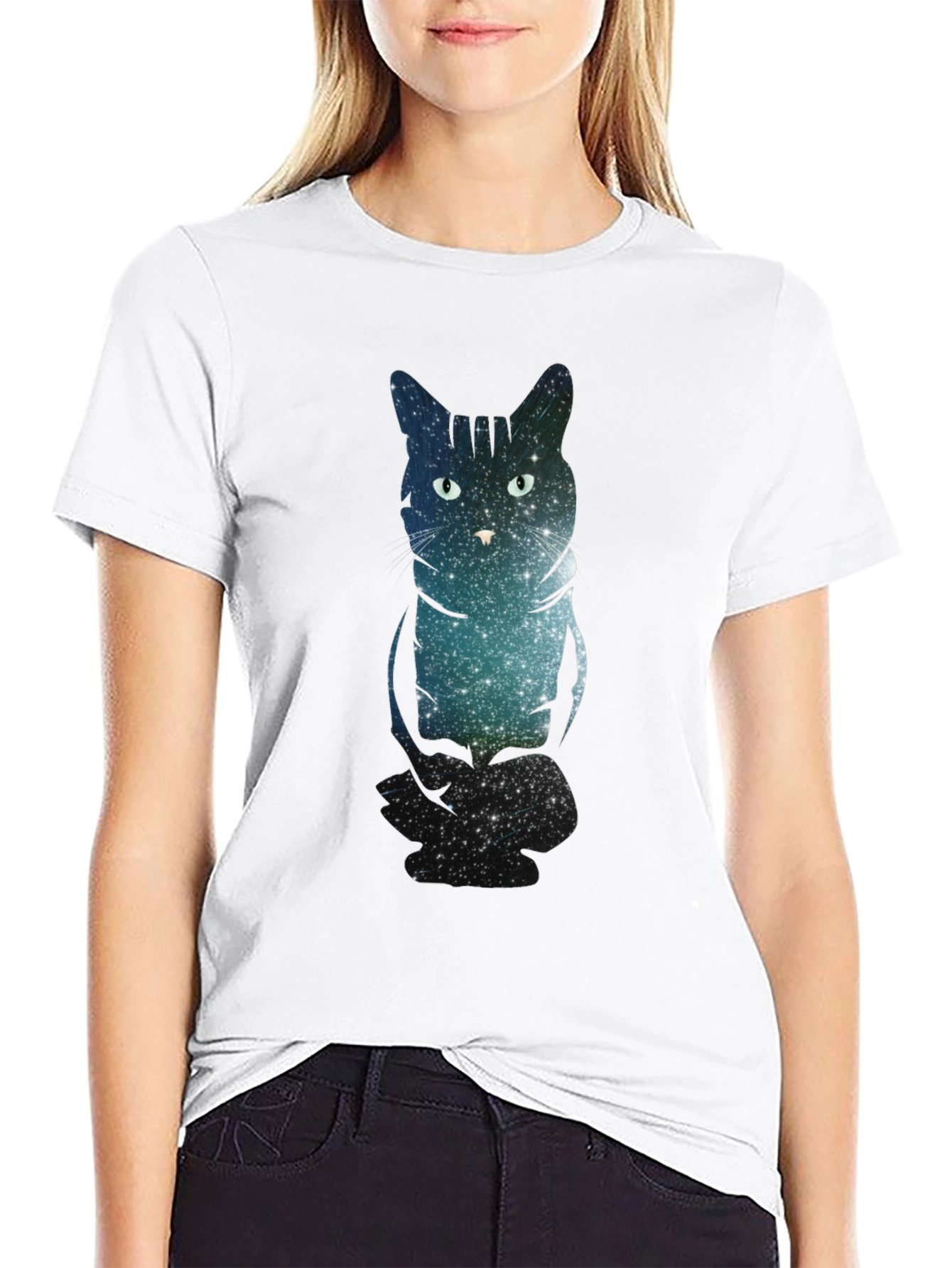 Galaxy Cat Print Black T-Shirt