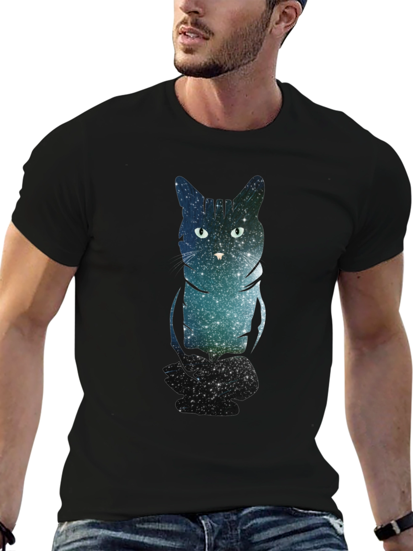 Galaxy Cat Print Black T-Shirt