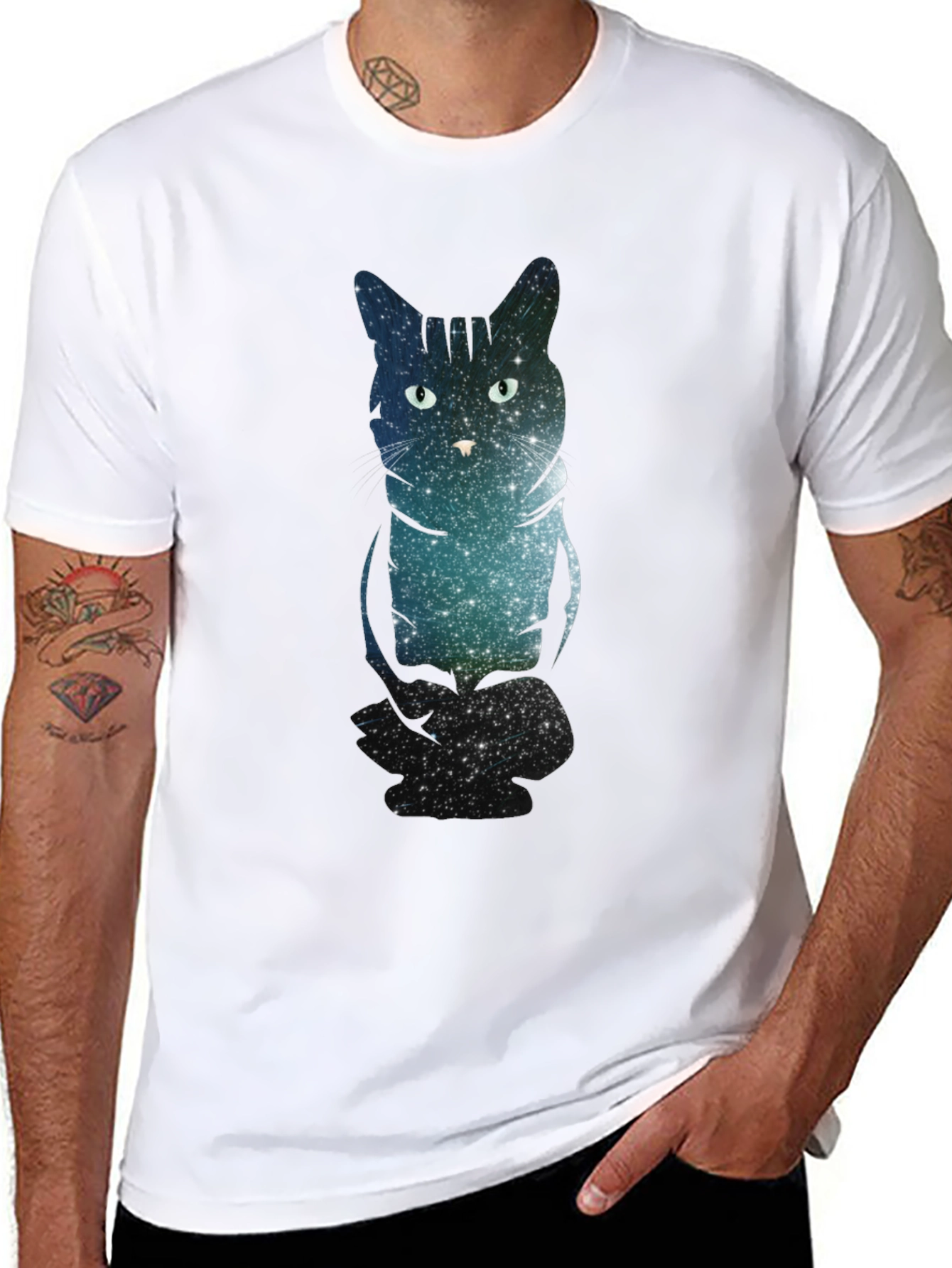 Galaxy Cat Print Black T-Shirt
