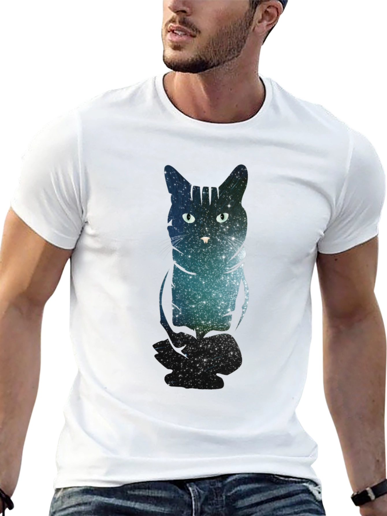 Galaxy Cat Print Black T-Shirt