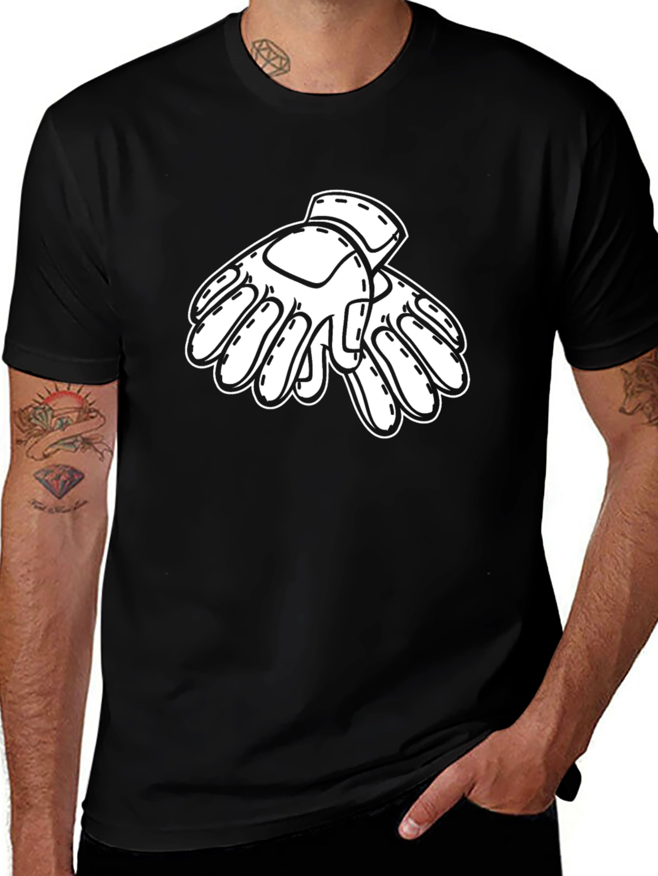 Black T-Shirt with White Gloves Graphic