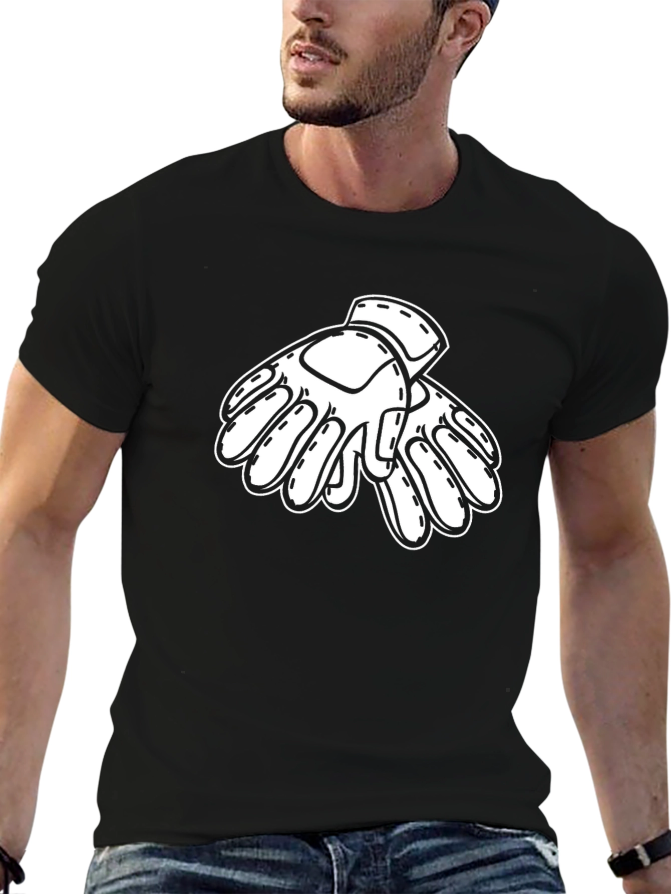 Black T-Shirt with White Gloves Graphic