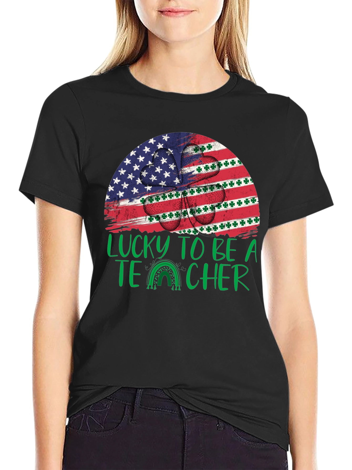 Lucky Teacher St. Patricks Day USA Flag Shamrock T-Shirt