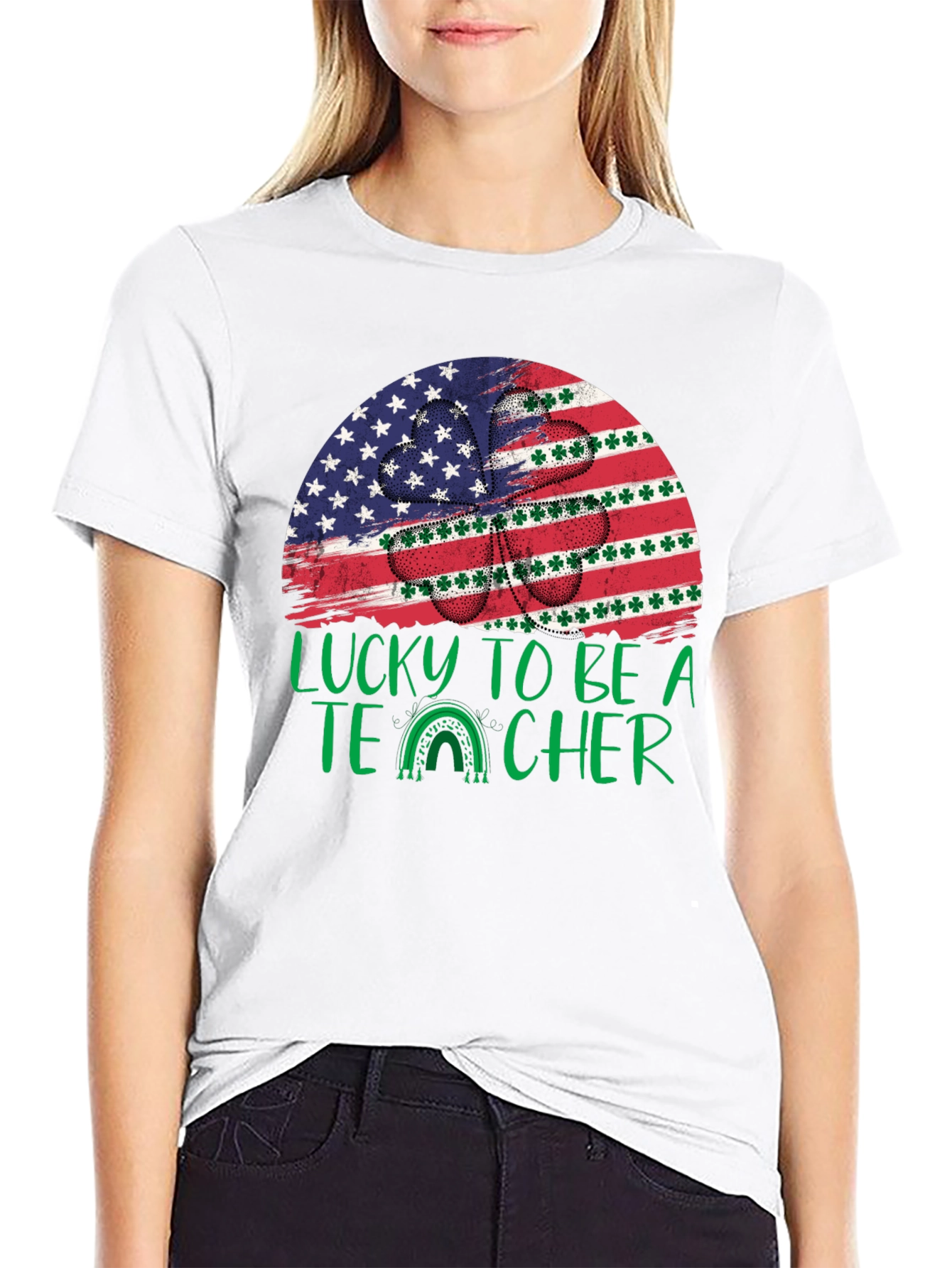 Lucky Teacher St. Patricks Day USA Flag Shamrock T-Shirt