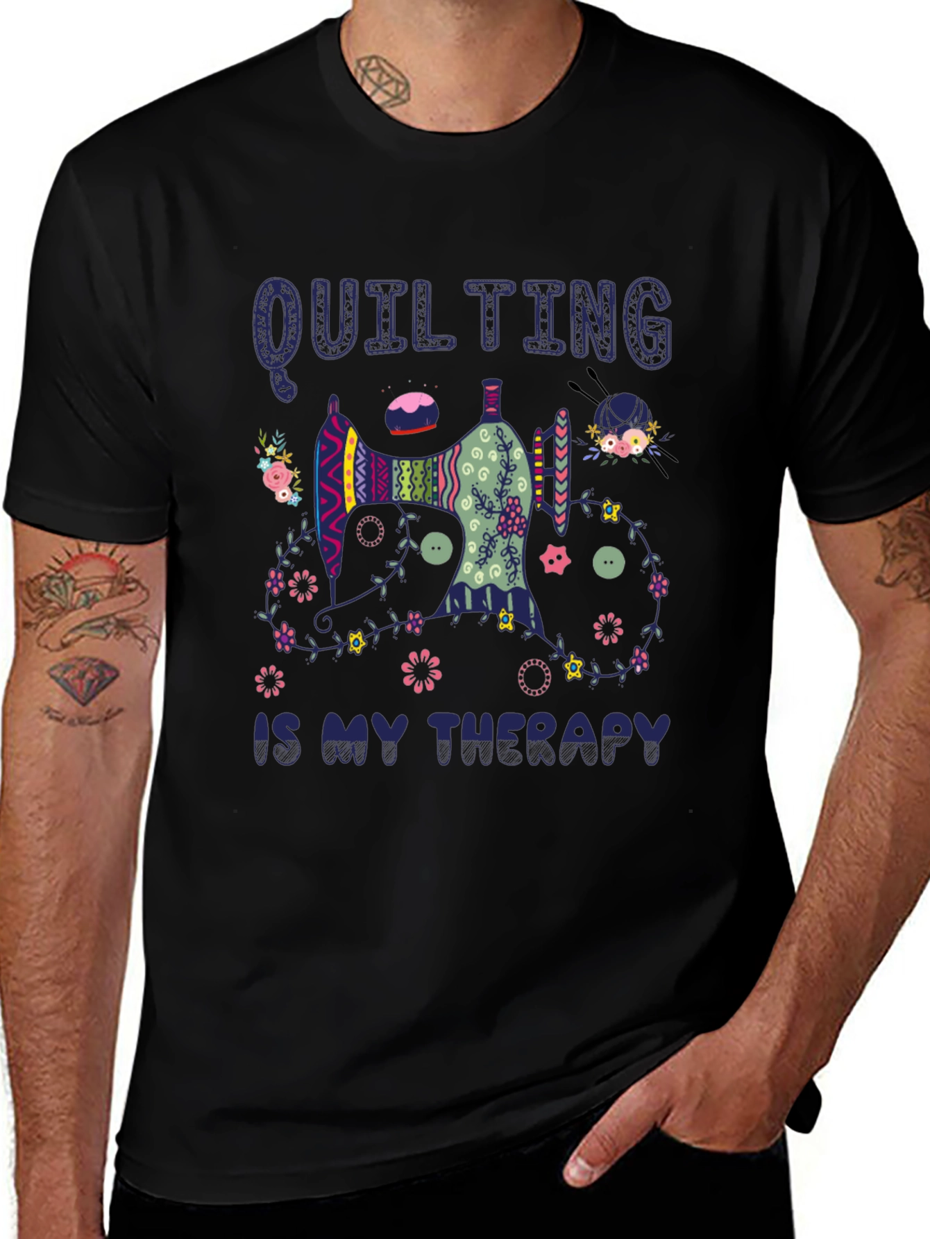 Quilting is My Therapy Black T-Shirt