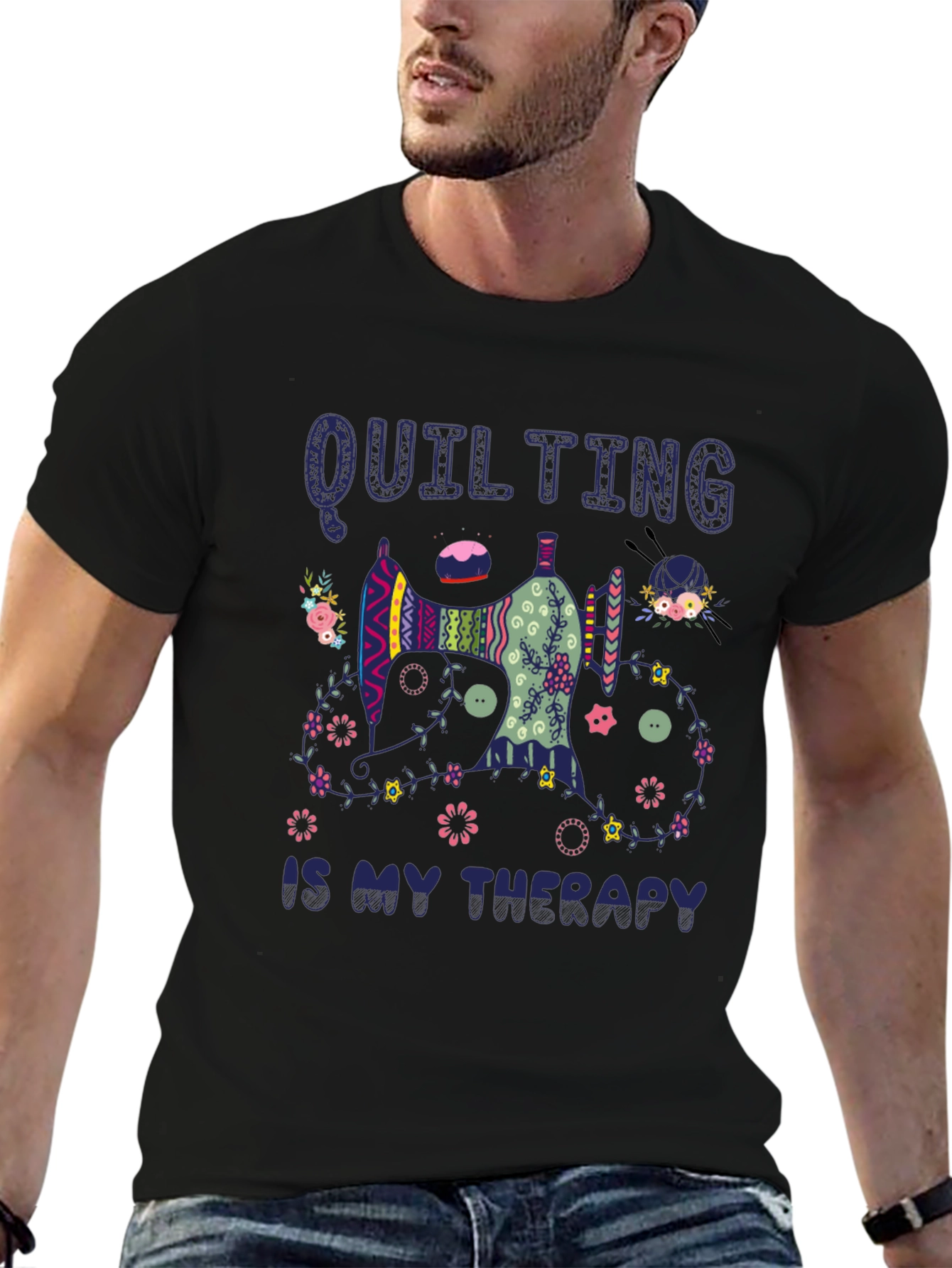 Quilting is My Therapy Black T-Shirt