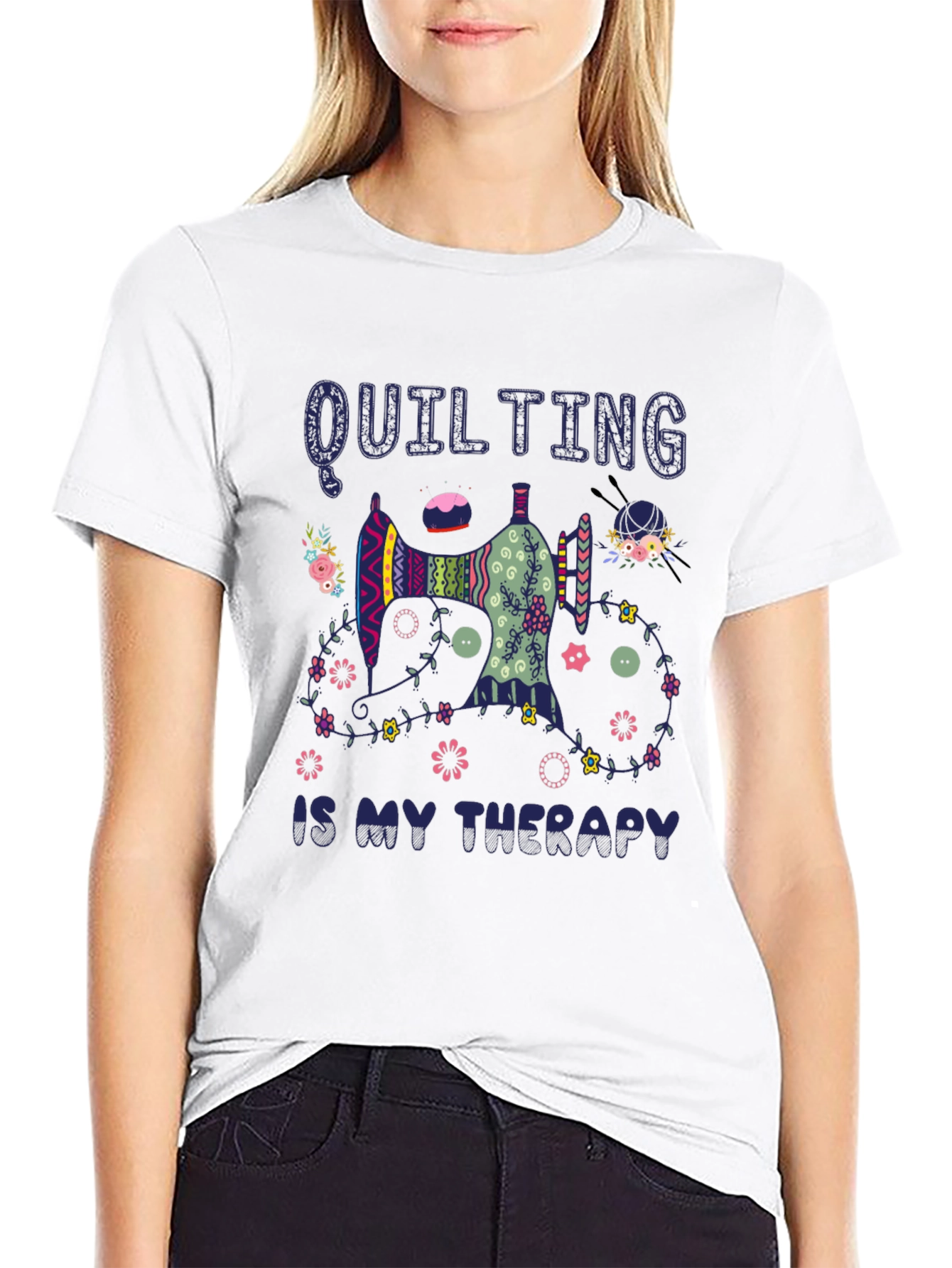 Quilting is My Therapy Black T-Shirt