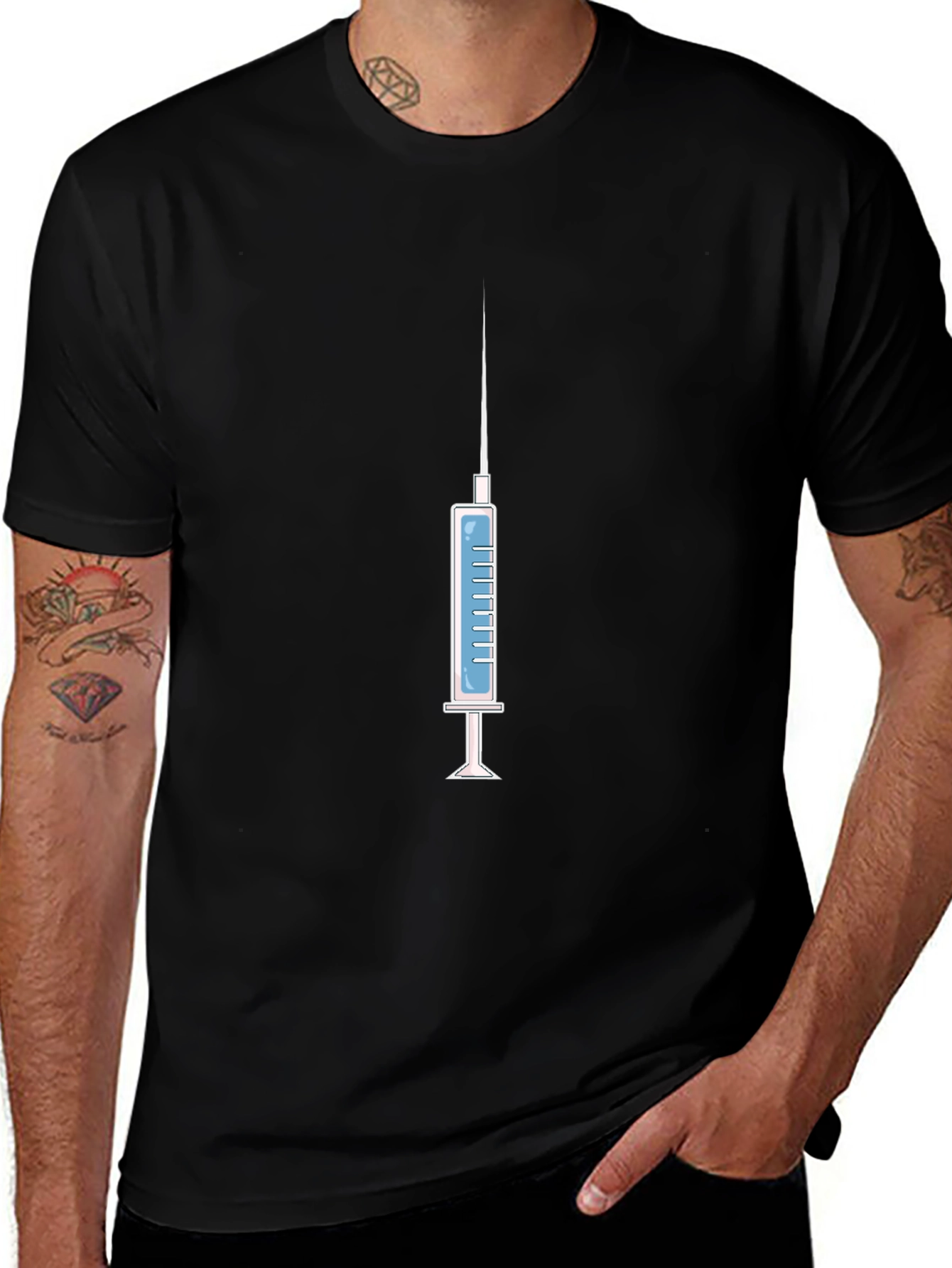 Syringe Graphic Tee - Novelty Design Black Cotton Shirt