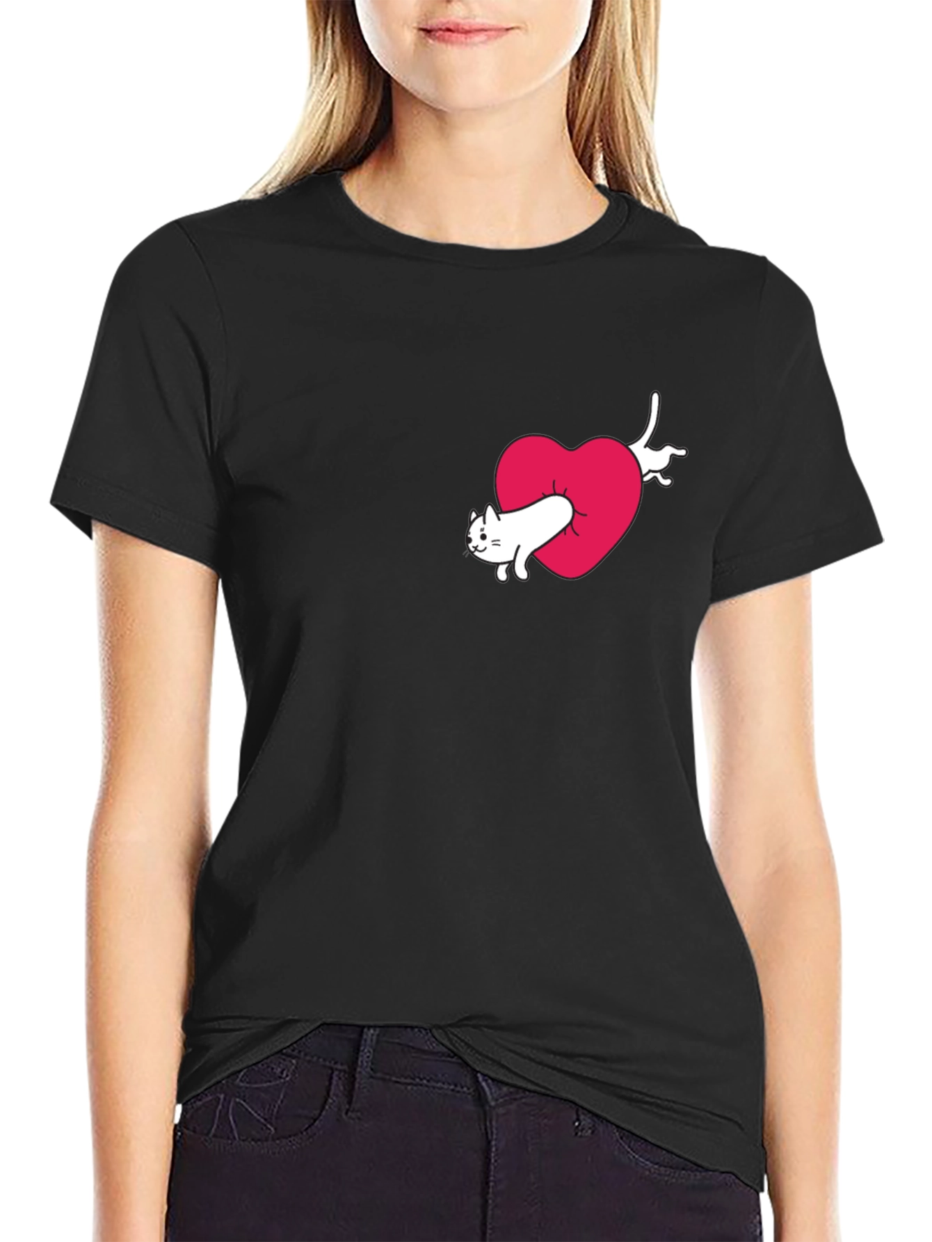 Cat In Heart Graphic Tee - Black Cotton Blend