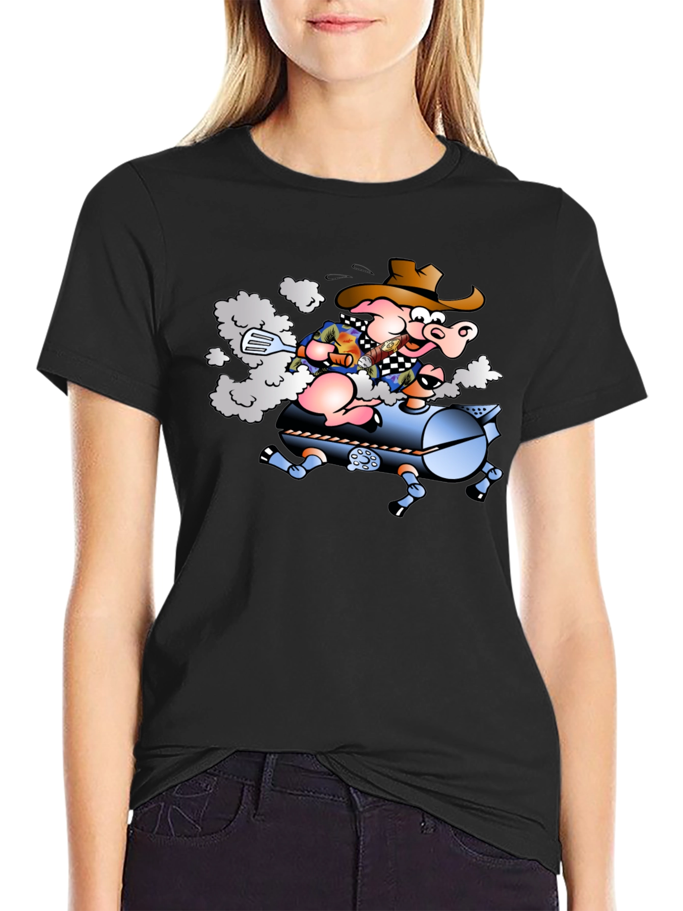 Grilling Pig Cartoon Graphic T-Shirt