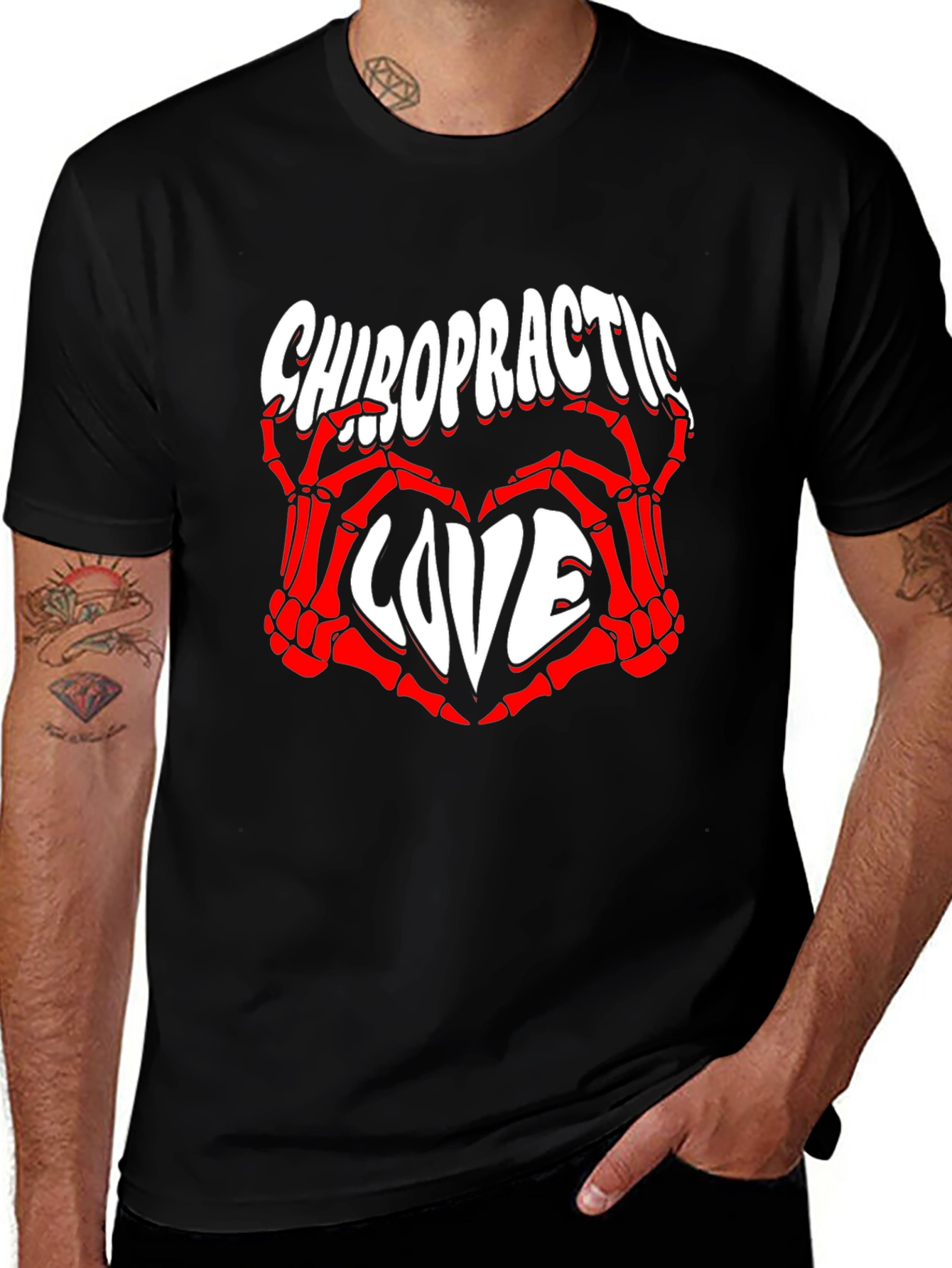 Chiropractic Love T-Shirt - Red Skeleton Hands Heart