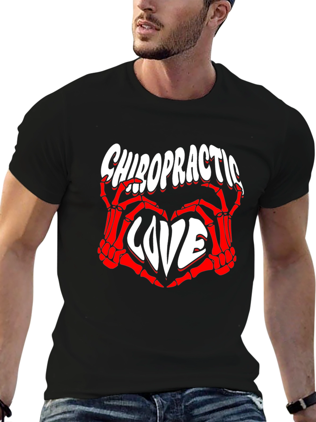 Chiropractic Love T-Shirt - Red Skeleton Hands Heart