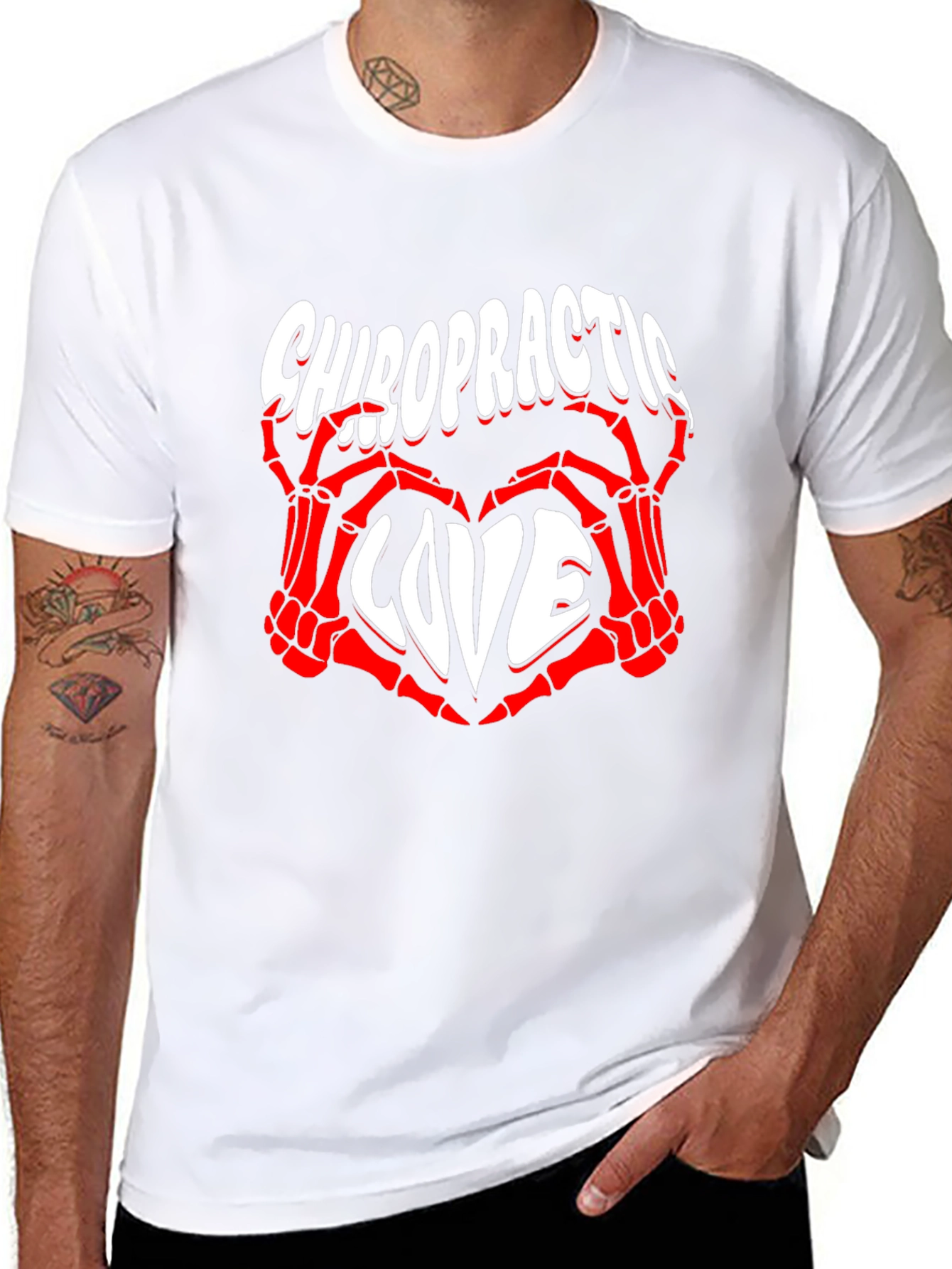 Chiropractic Love T-Shirt - Red Skeleton Hands Heart