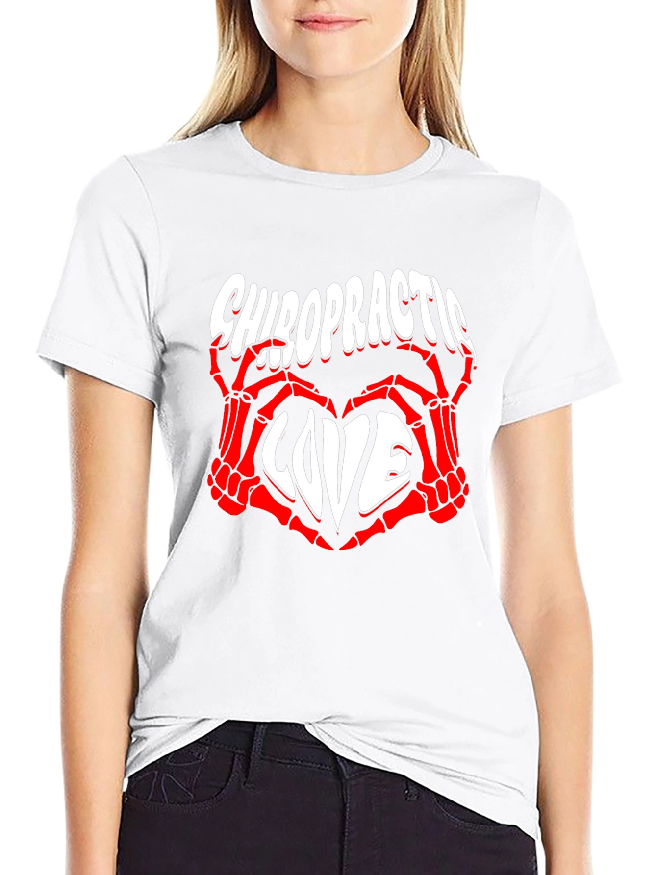Chiropractic Love T-Shirt - Red Skeleton Hands Heart