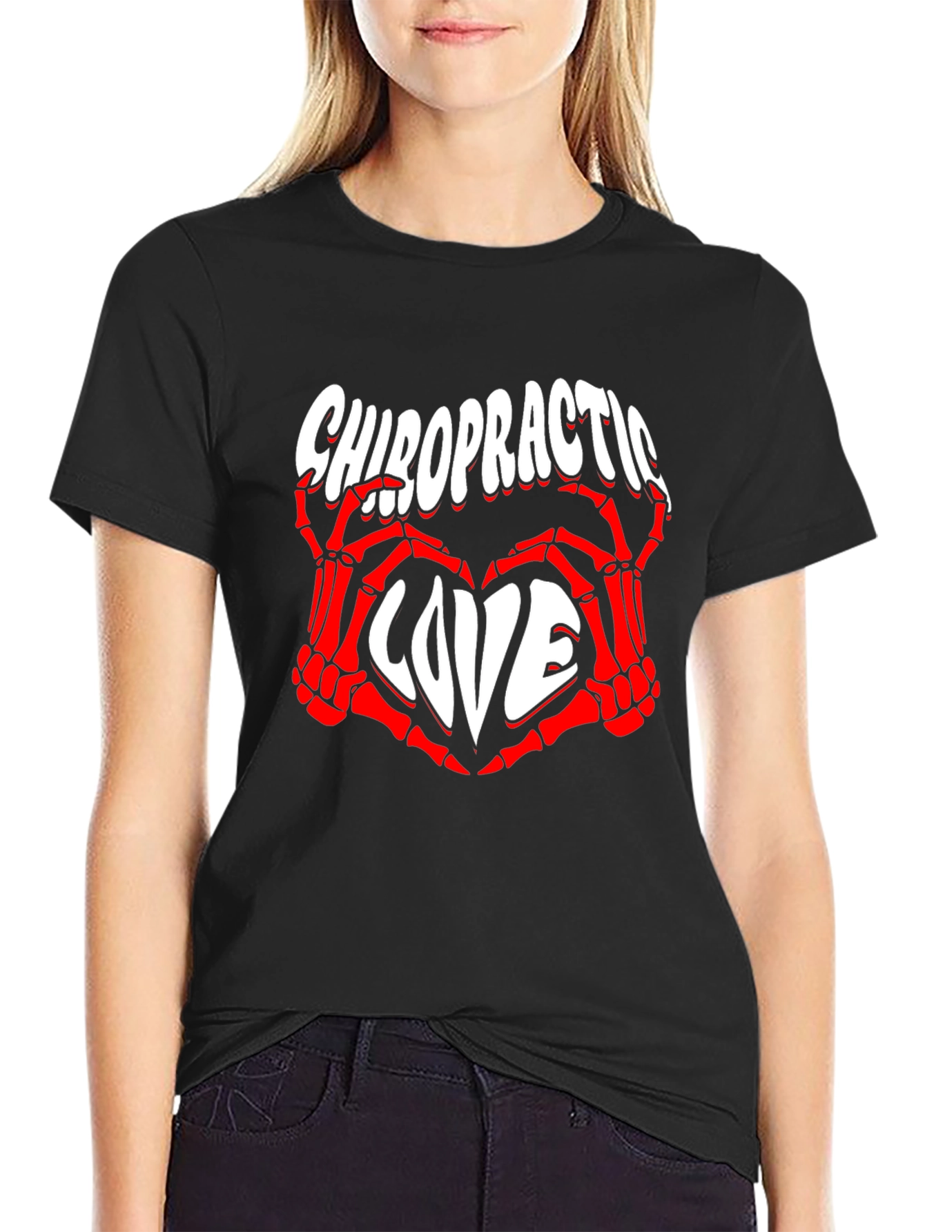 Chiropractic Love T-Shirt - Red Skeleton Hands Heart
