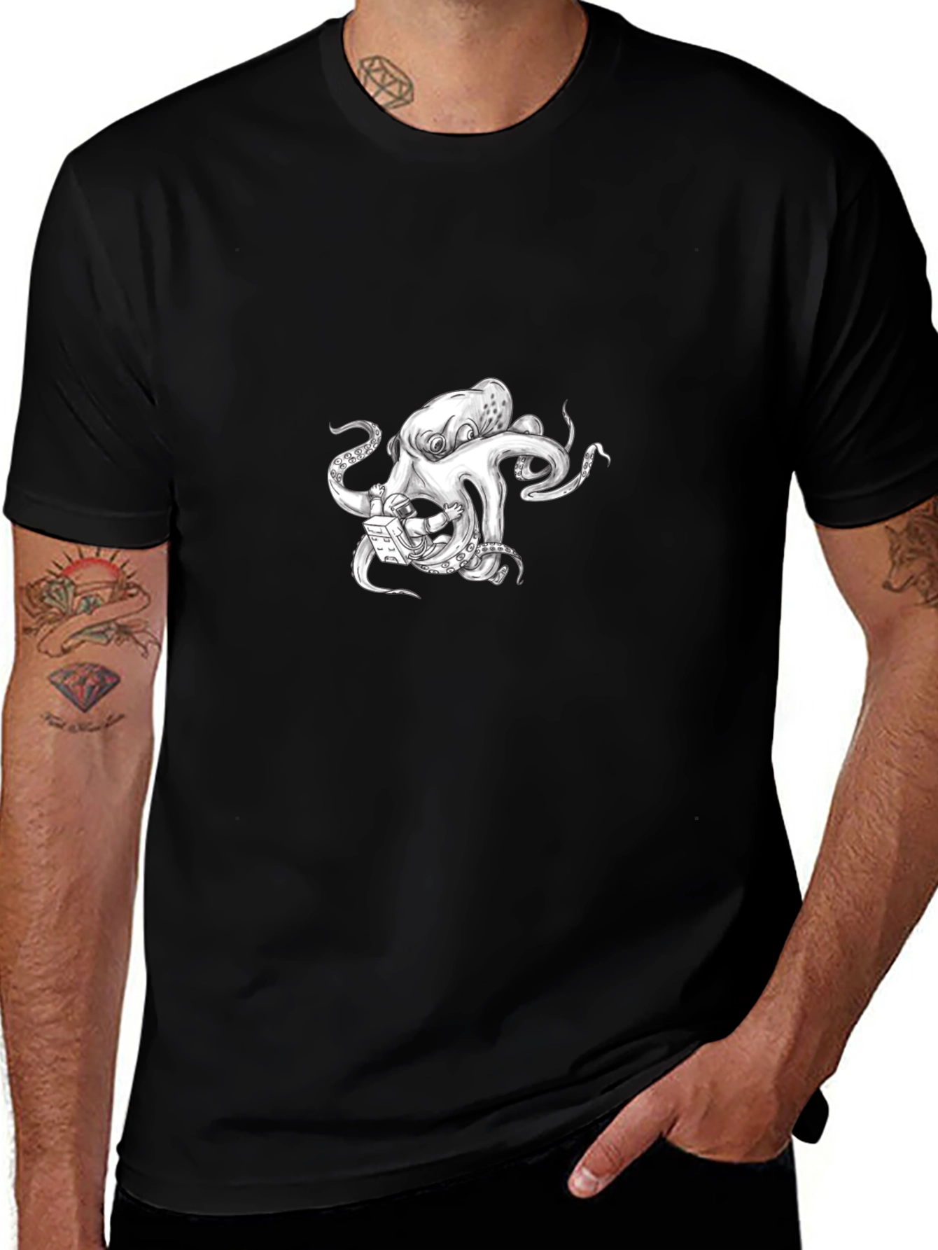 Octopus Astronaut Graphic Tee - Black Cotton T-Shirt